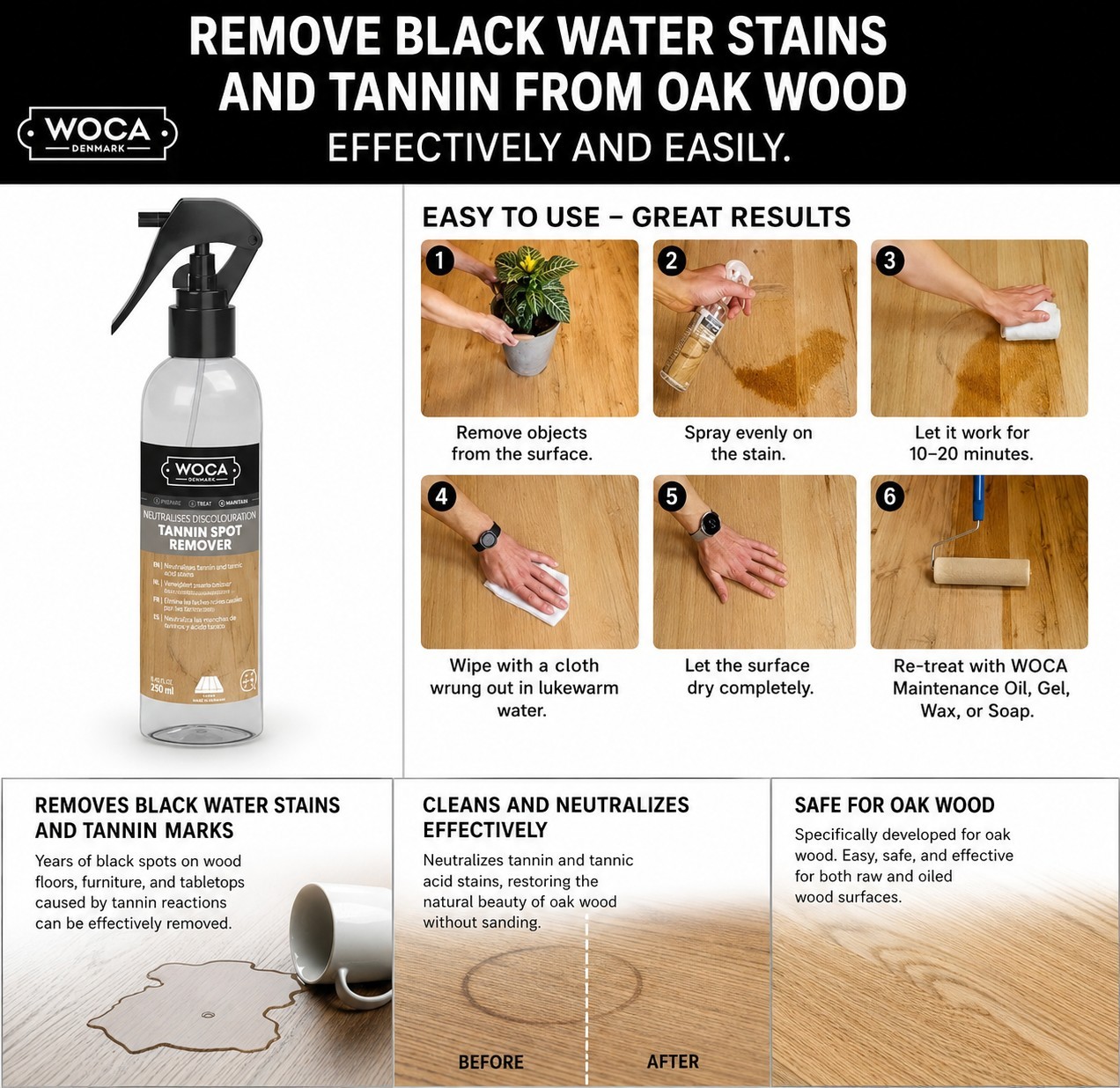 WOCA Denmark Tannin Spot Remover 250ml Removes Black Water Rings & Oak Stains