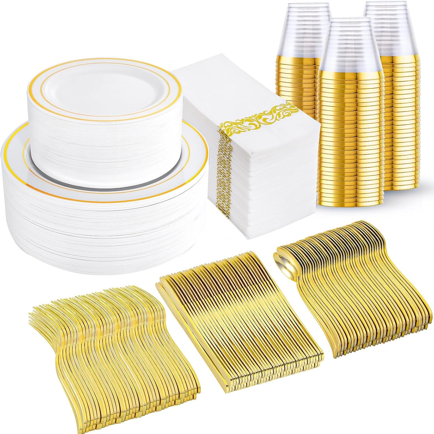 I00000 350Pcs Gold Dinnerware Set for 50 Guests, Gold Plastic Plates for Party