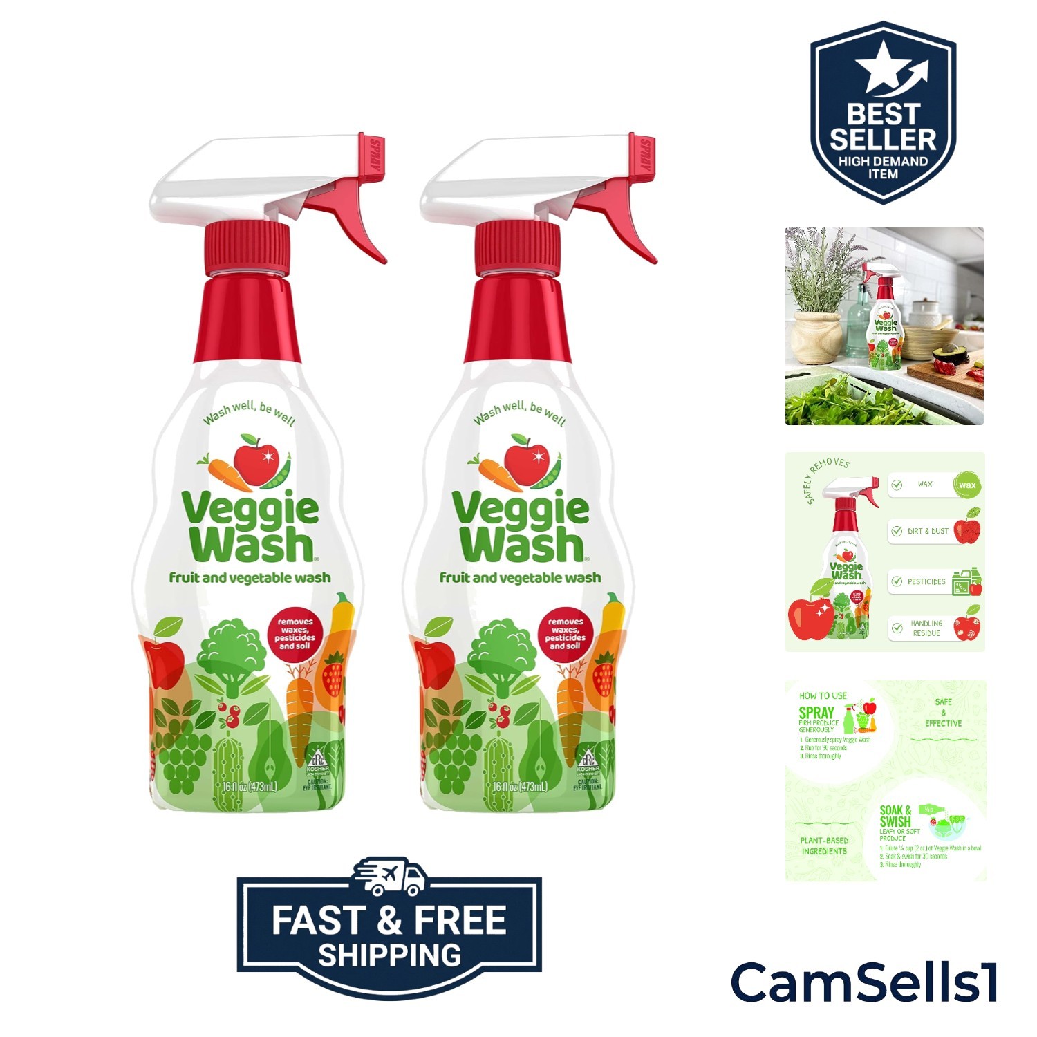 Fruit & Vegetable Cleaner Spray 16oz (Pack of 2) – Removes Wax & Contaminants