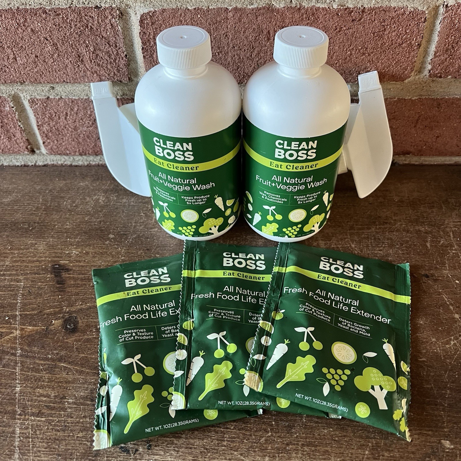 CleanBoss (2) Eat Cleaner Fruit+Veggie Washes & (3) Powder 32 Mix Packets 06/26