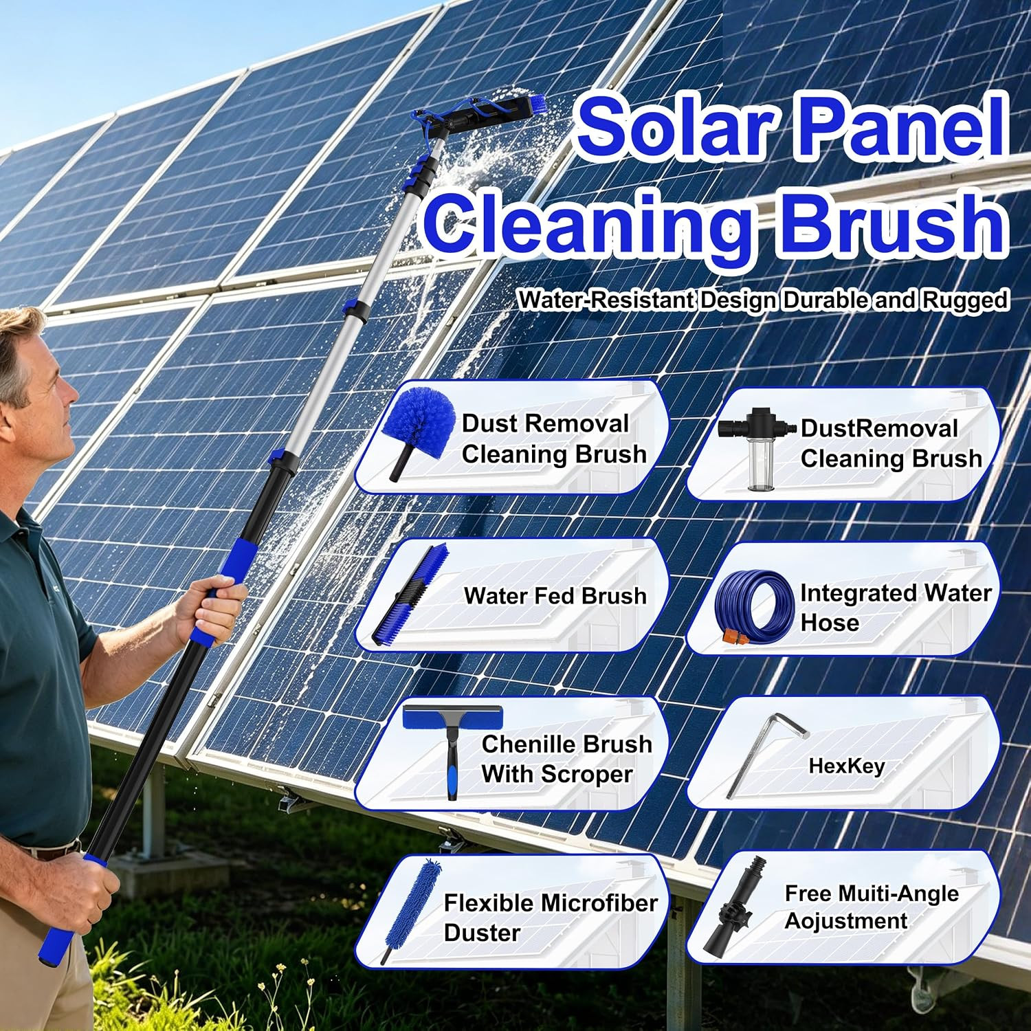 30FT Reach Solar Panel Cleaning Brush Kit with 5-24FT Telescoping Pole, 40FT Hos