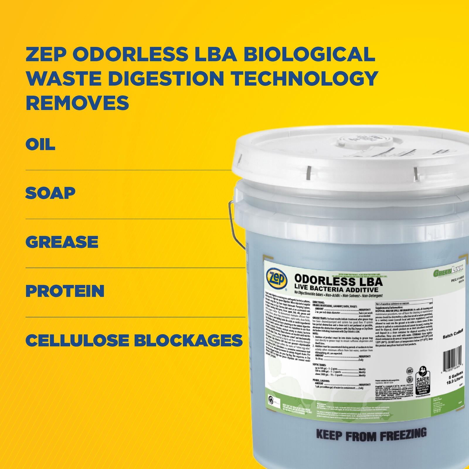 Zep Odorless LBA Live Bacteria Additive – 5 Gallon (1 Unit) 166839 – Liquid