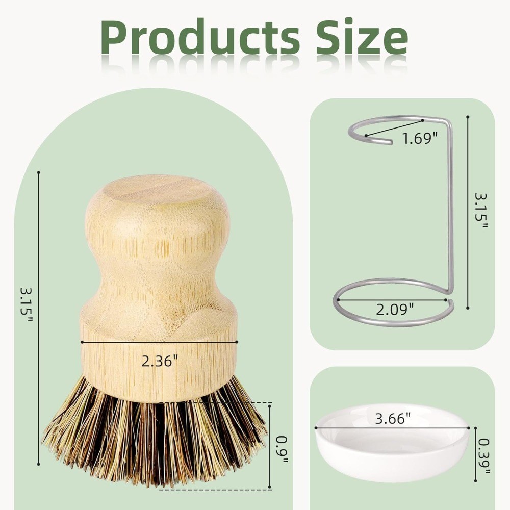 Natural Bamboo Dish Brush Set with Holder Fast Dry Kitchen Scrub Brush for