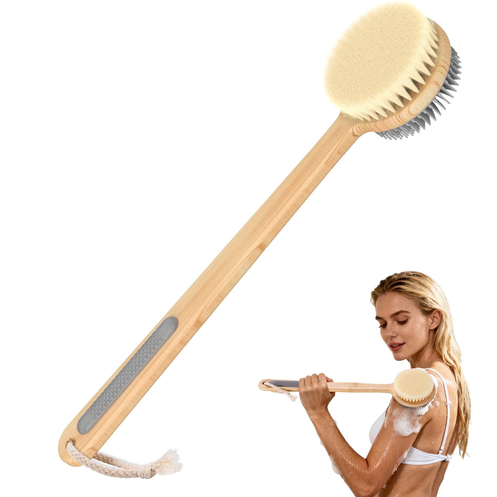 Double-Sided Silicone Back Scrubber – Long Bamboo Handle, Deep Clean & Exfoliate