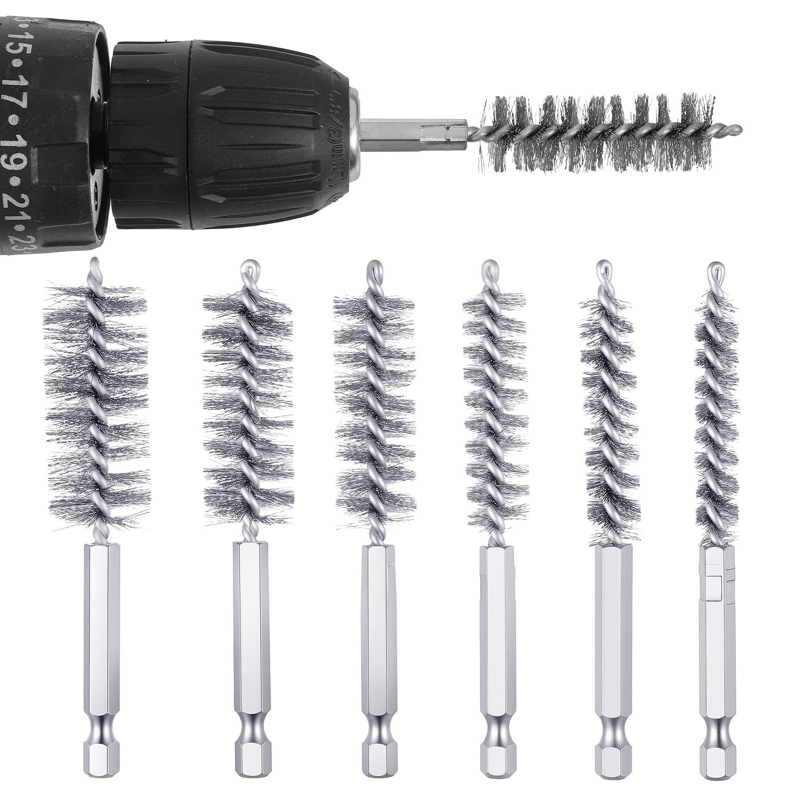6 Pcs Stainless Steel Bore Brush Twisted Wire Drill Brush with 1/4″ Hex Shank