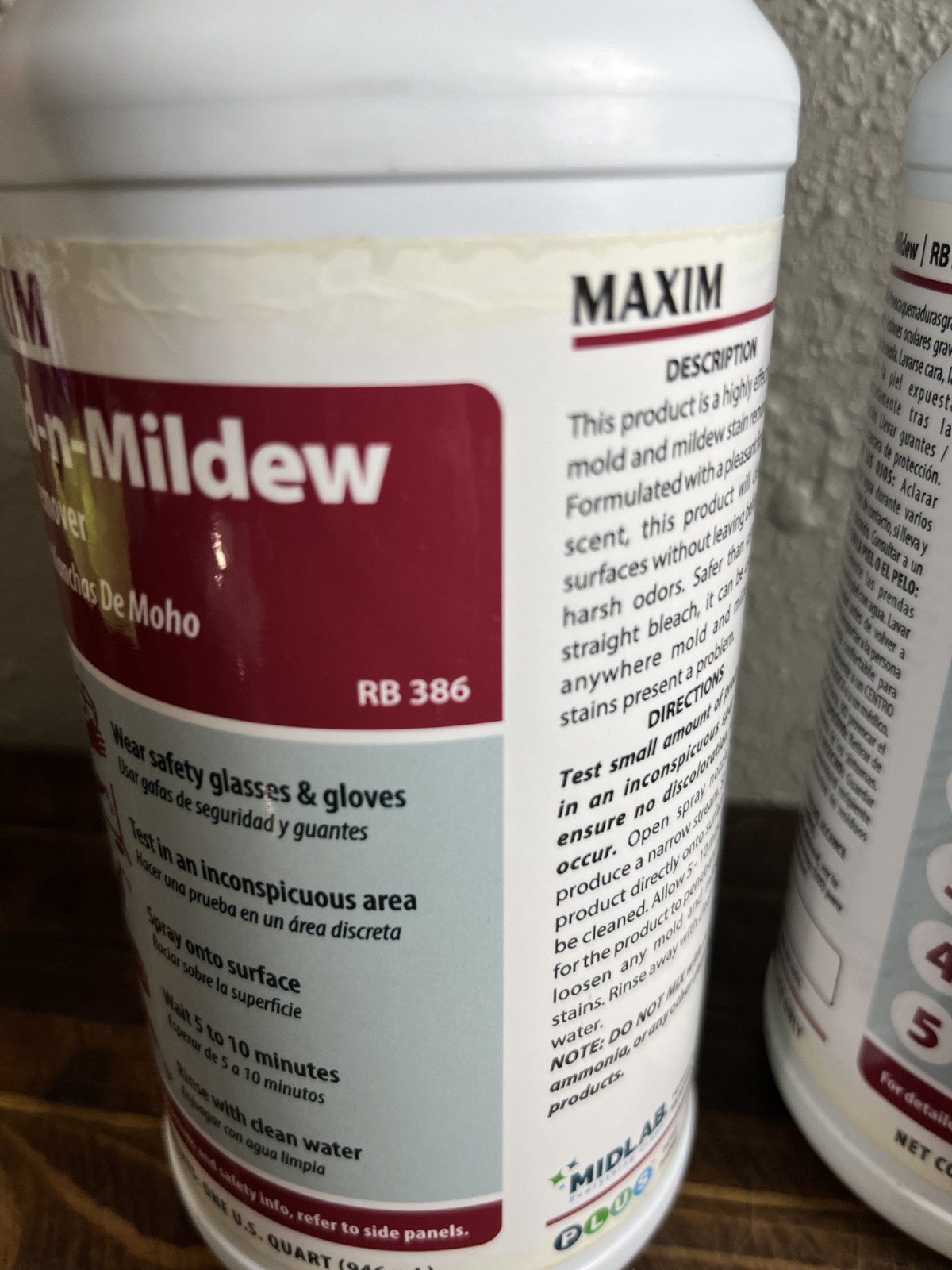 Pack of 2 Maxim Mold-n-Mildew Stain Remover RB 386 Spray Cleaner 32 oz 1 Quart