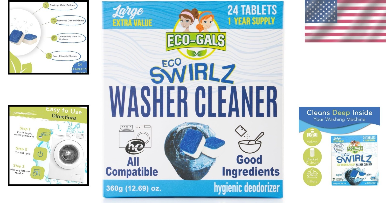 24 Eco-Swirlz Tablets for Deep Cleaning Front & Top Load Washers – HE Compatible