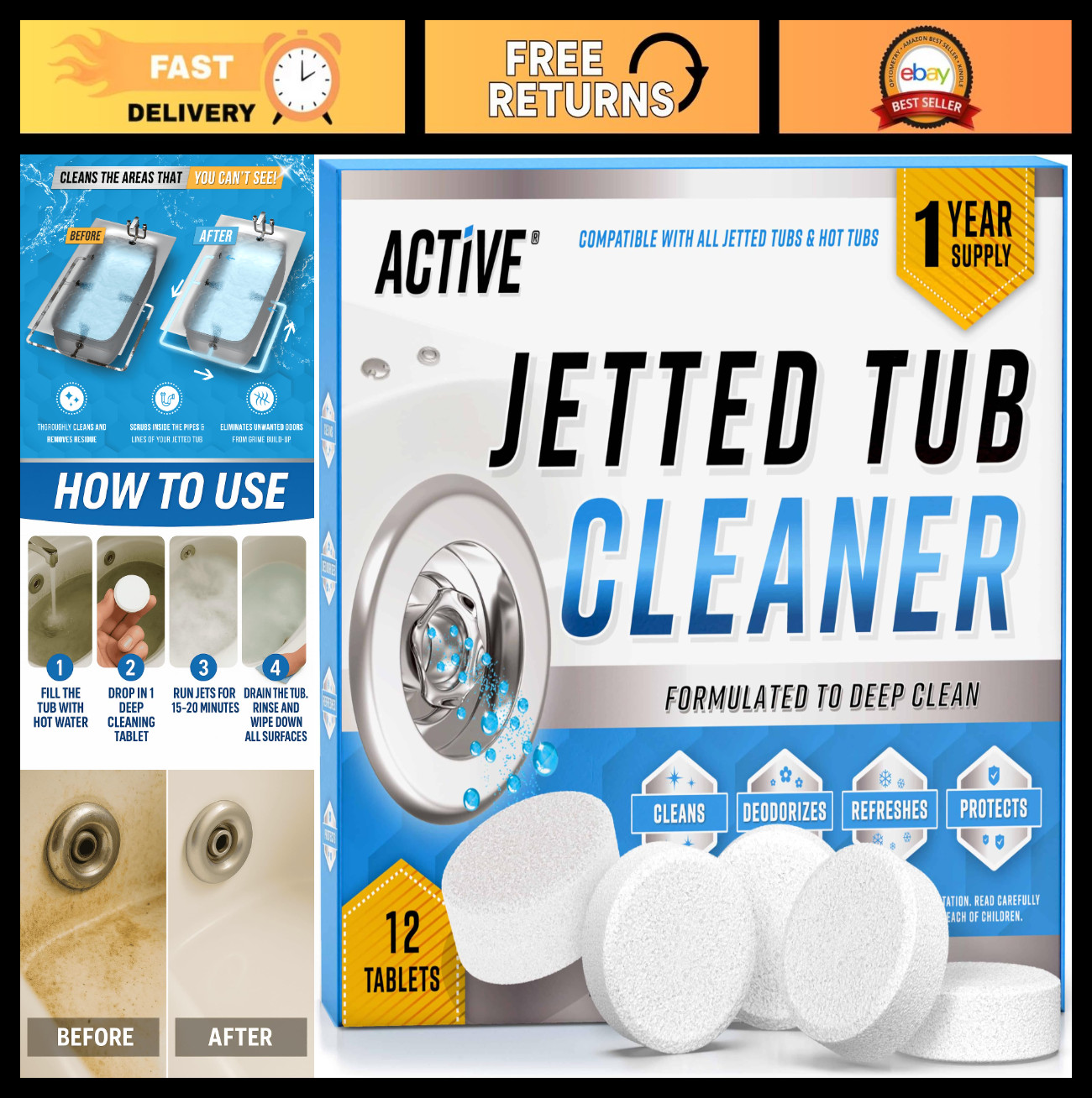 12 Jetted Tub Cleaning Tablets – Septic Safe, Jet Scale Remover for Whirlpool &