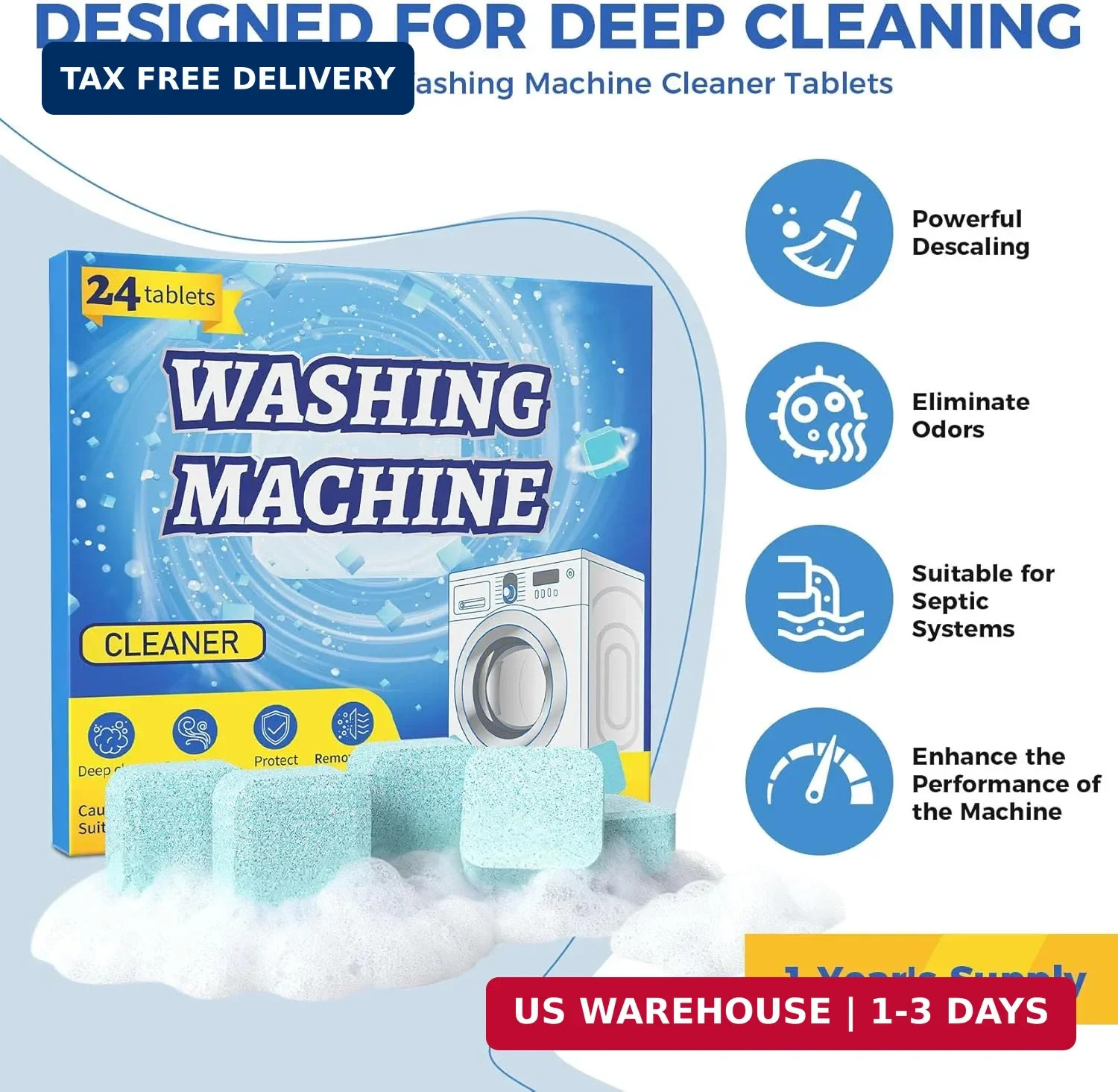 Washing Machine Cleaner Tablets, 24 Pack, Deep Cleaning Descaler and Suitable fo