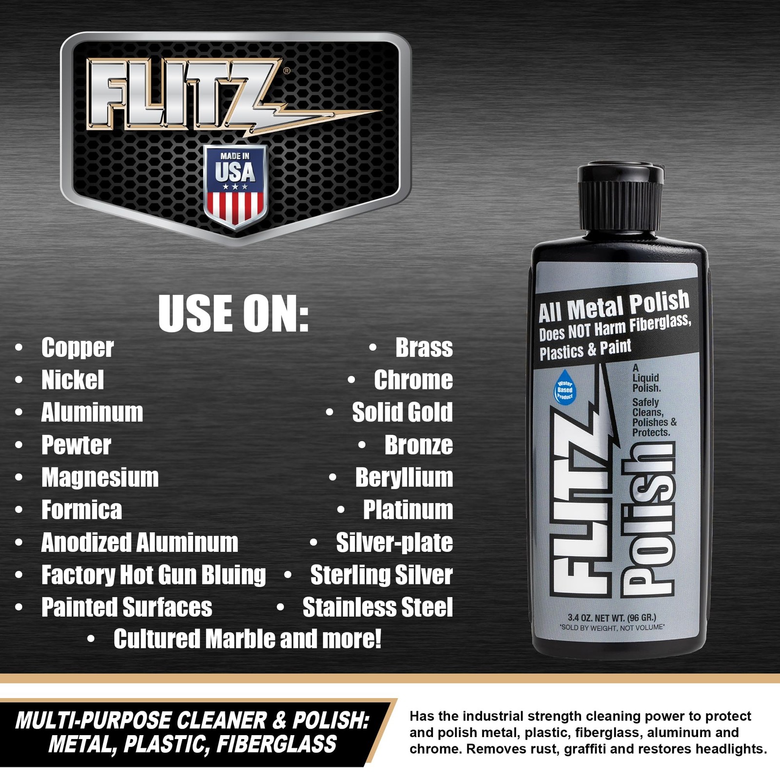 Flitz Multi Purpose Metal Polish Liquid – 3.4oz 3.4 Fl Oz (Pack of 1), Silver