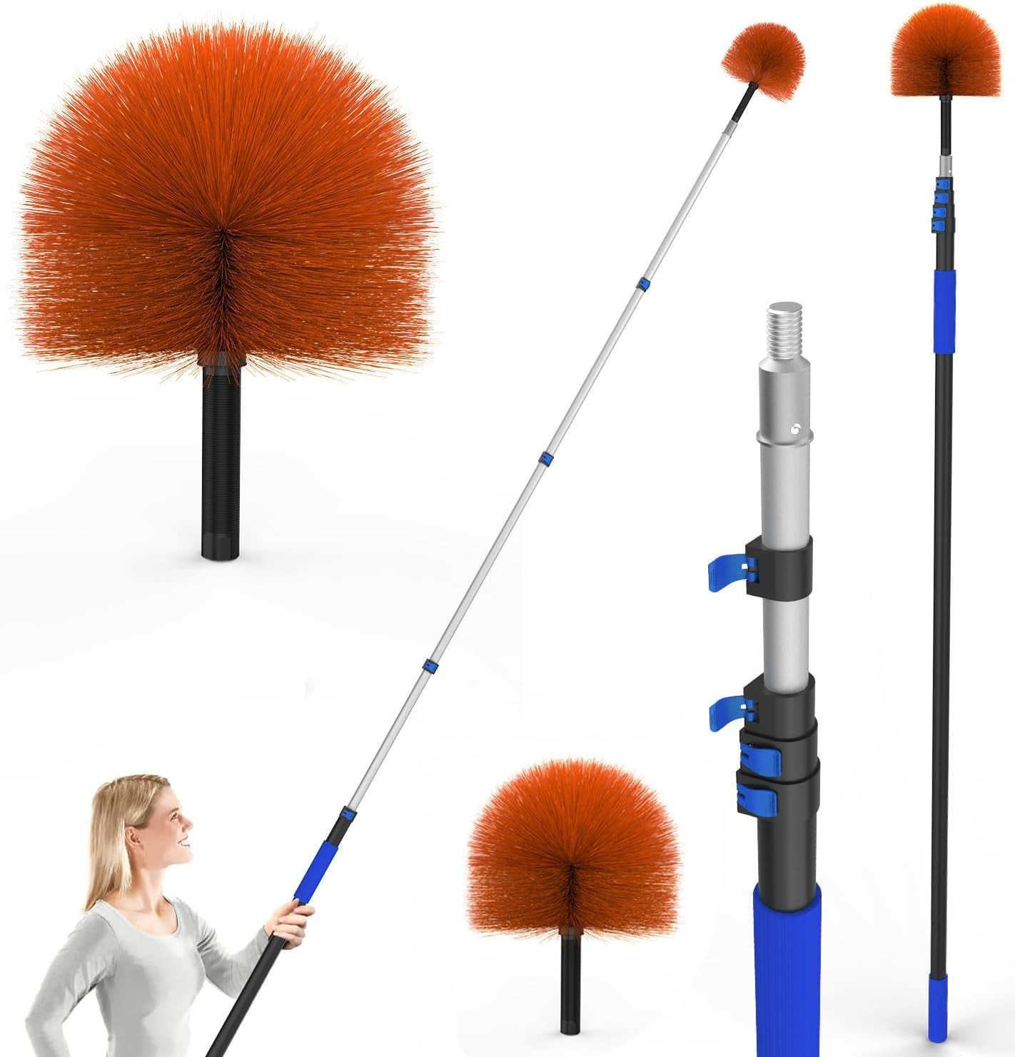 26FT Reach Cobweb Duster, Outdoor Spider Web Cleaner Brush with 5-20FT Telescopi