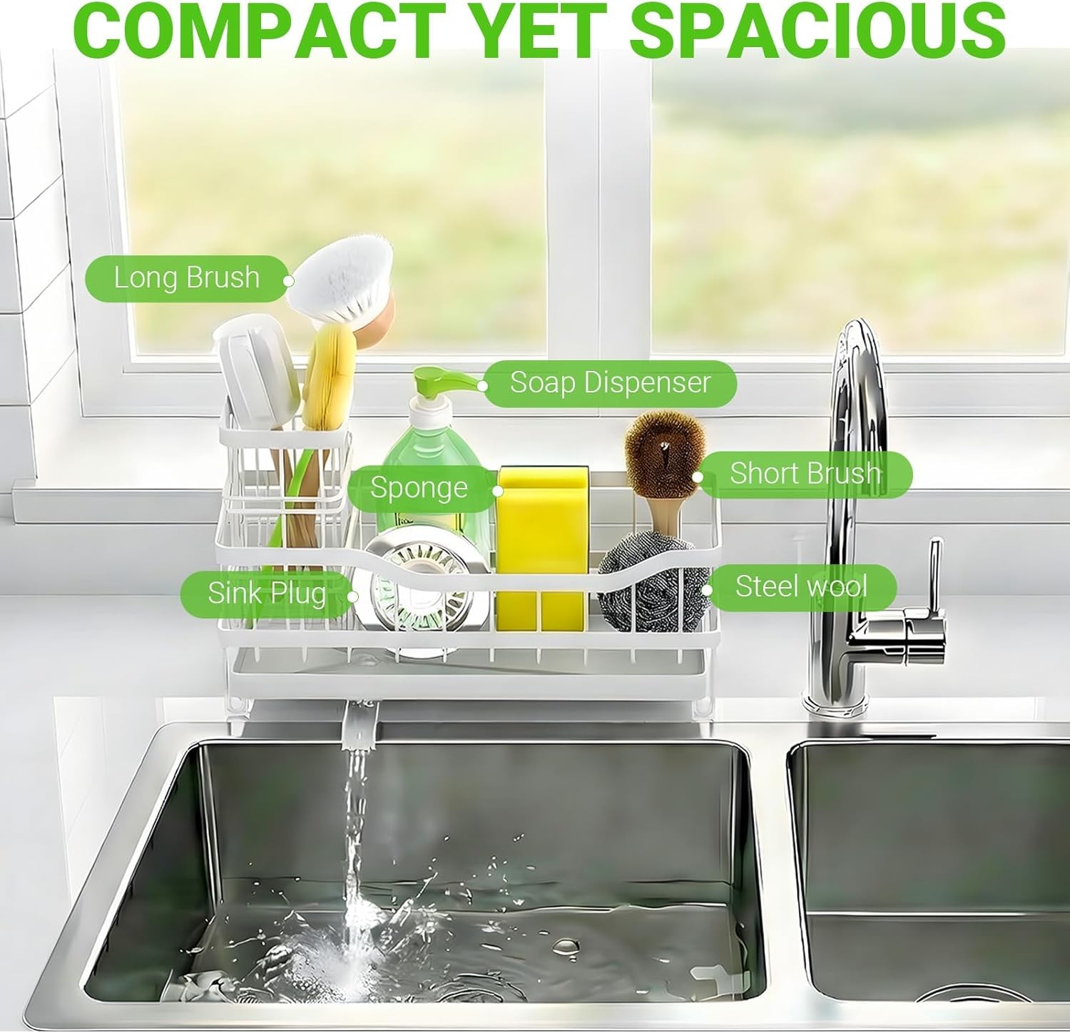 Sponge Holder for Kitchen Sink, Rustproof Sink Caddy Organizer with Dish Brush