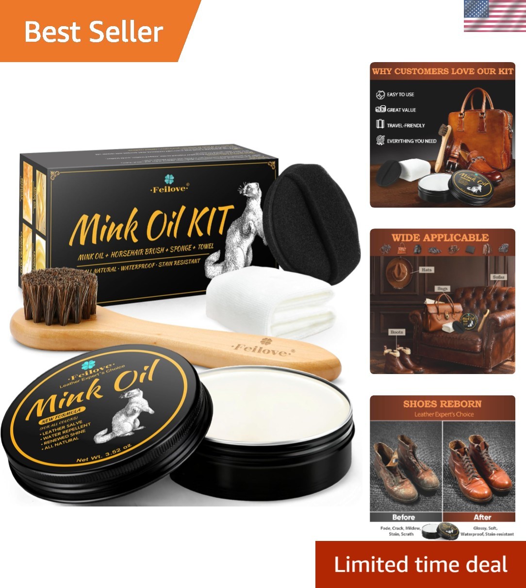 Essential 4-in-1 Mink Oil Conditioner & Cleaner for Boots and Shoes, 3.52 oz