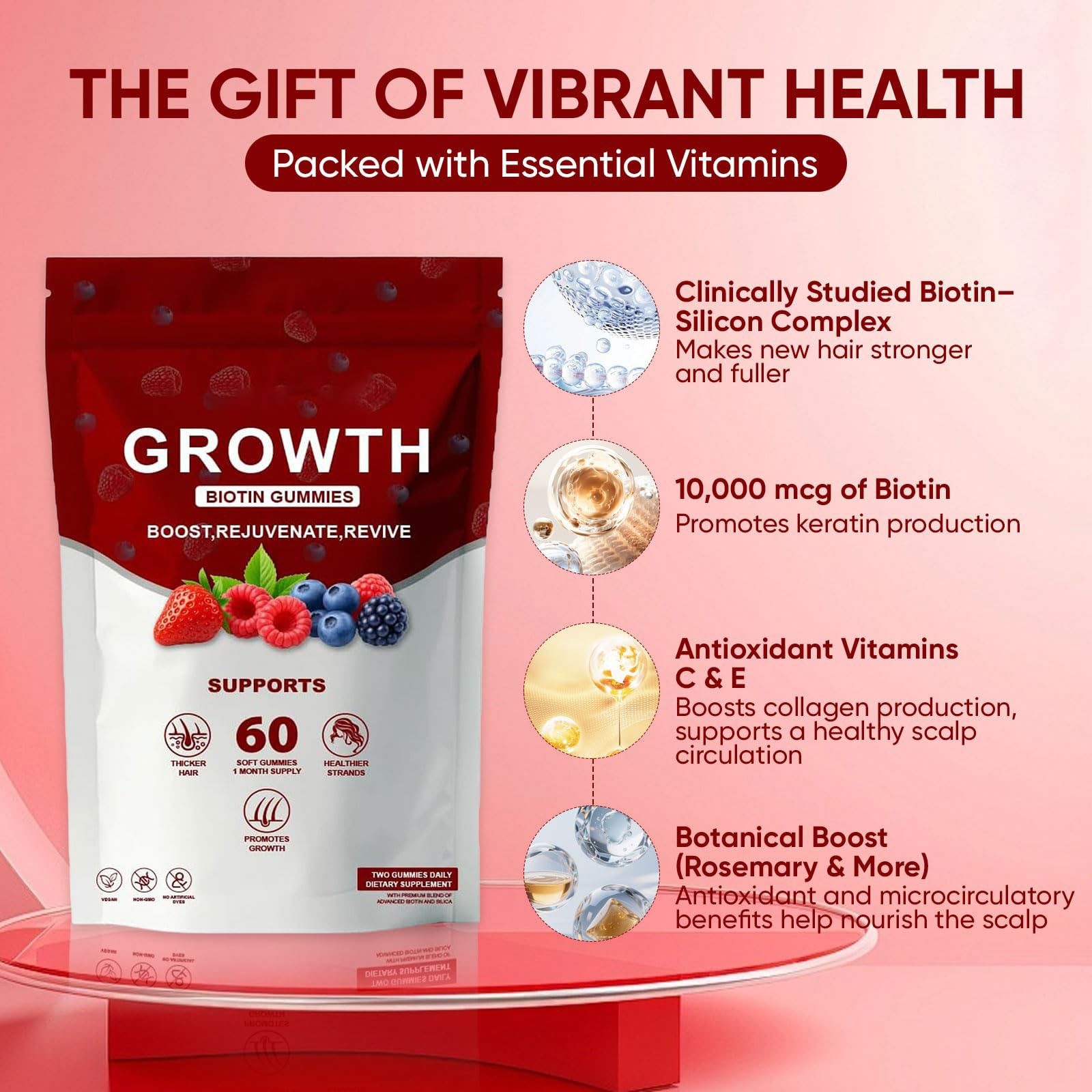 Hair Growth Gummies – Biotin, Vitamins Plant Extracts, Supports Health…