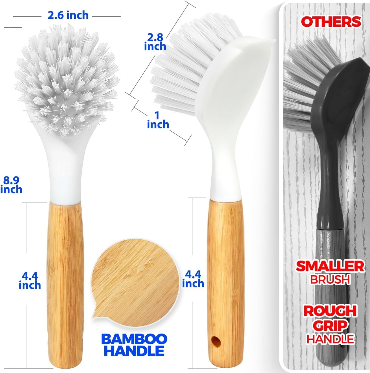 3 Pack Dish Brush Set with Bamboo Handle, Kitchen Brushes for Cleaning Pot, Sink