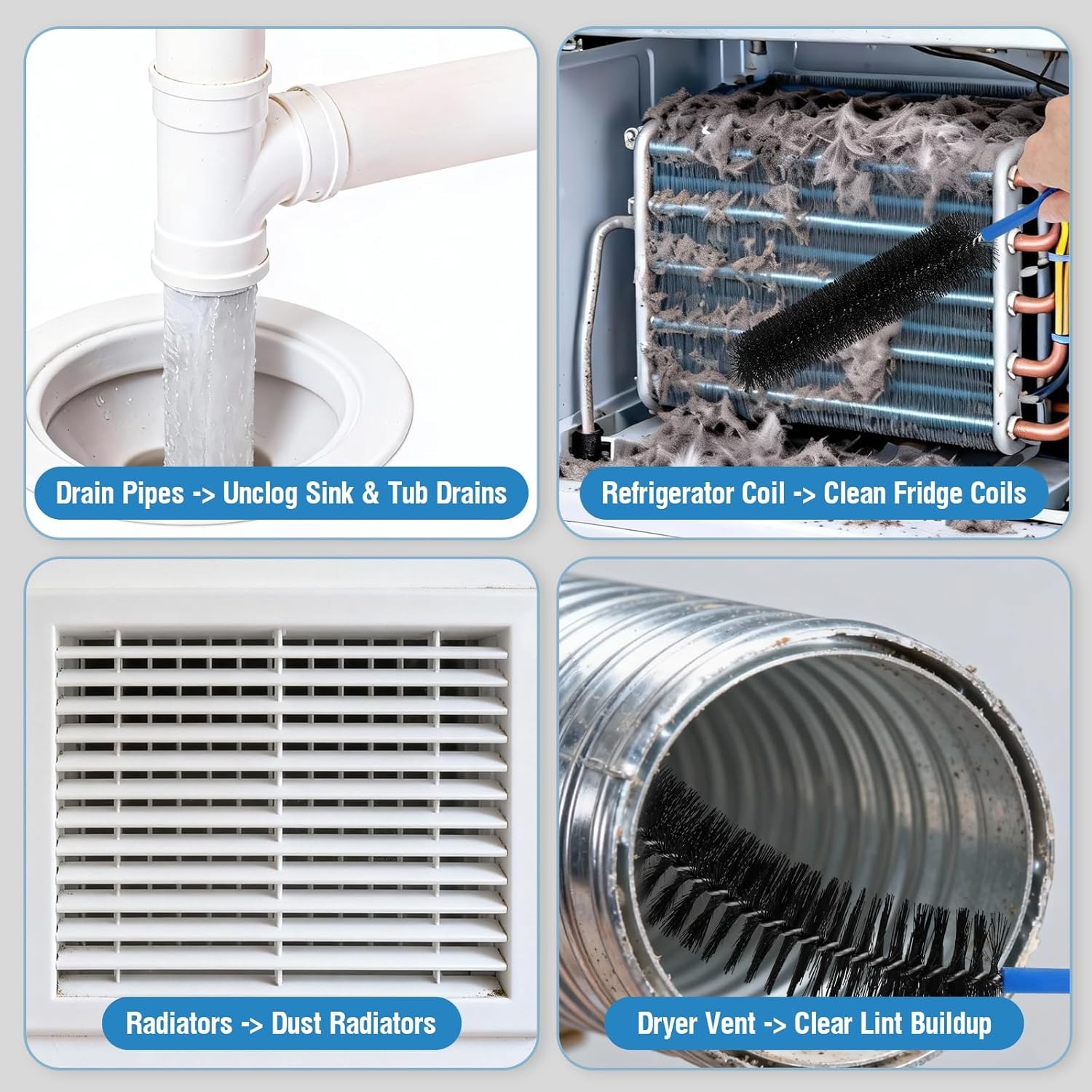 3PCS Drain Brush Set with Refrigerator Coil Cleaning Brush, Multi-Use Drain