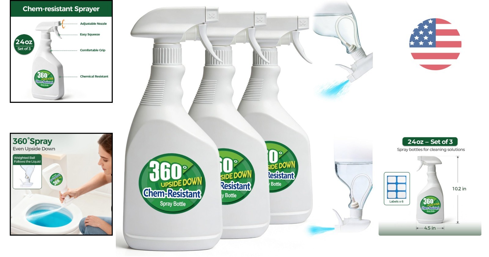 360° Versatile Spray Bottles – 3 Pack, Ideal for Household & Industrial Cleaning
