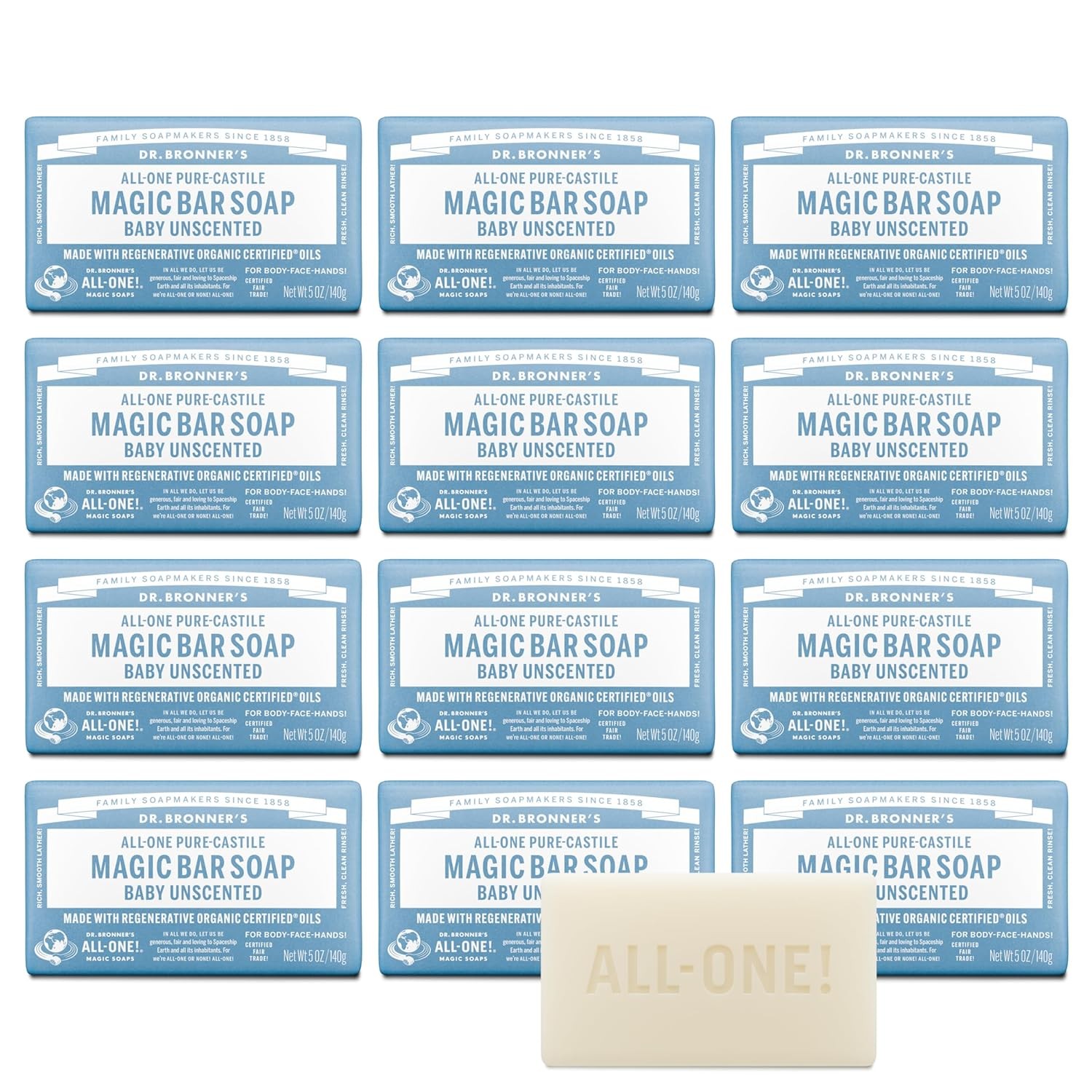 Dr. Bronner’s Pure-Castile Magic Bar Soap (Baby Unscented, 5 Ounce, 12-Pack) –