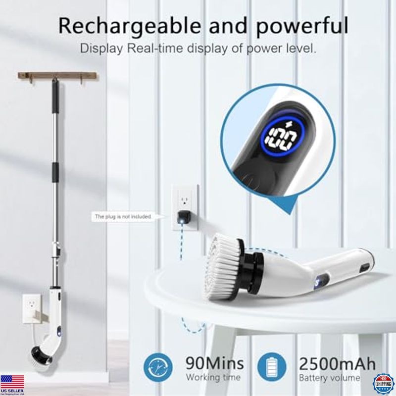 Cordless Electric Spin Scrubber, IPX7 Waterproof, Adjustable Handle, LCD Display
