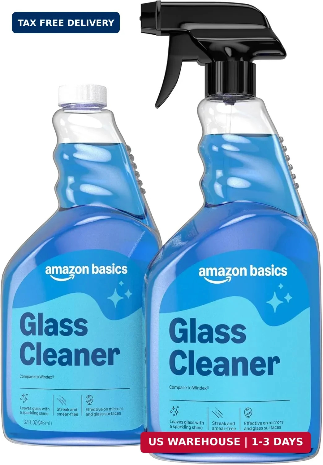 Amazon Basics Glass Cleaner, Streak-Free Shine, 32 Fl Oz, Pack of 2 with 1 Spray
