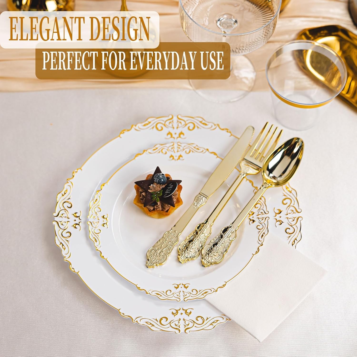 350PCS Gold and White Plastic Plates, Gold Plastic Dinnerware Sets for 50 Gues