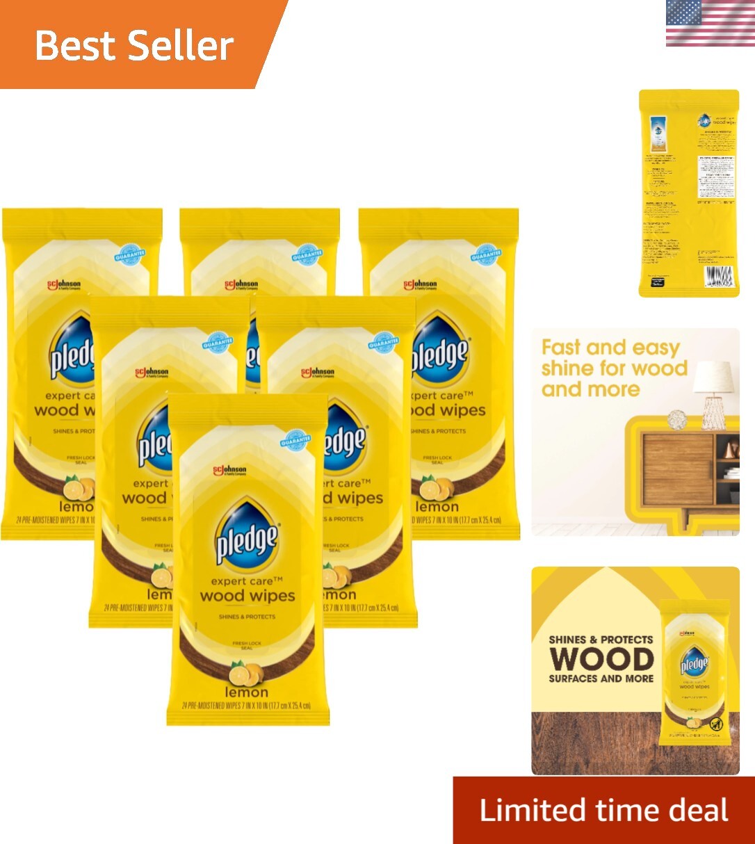 Expert Care Wood and Multi-Surface Wipes, 24 Count Pack of 6, Streak-Free Shine