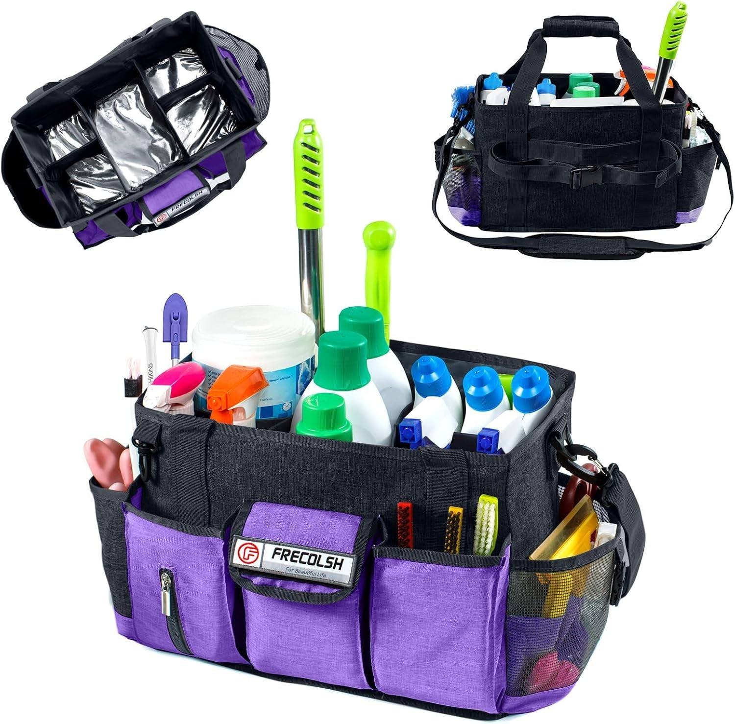Sturdy Purple Cleaning Organizer with Waterproof Pockets for Housekeeping Needs