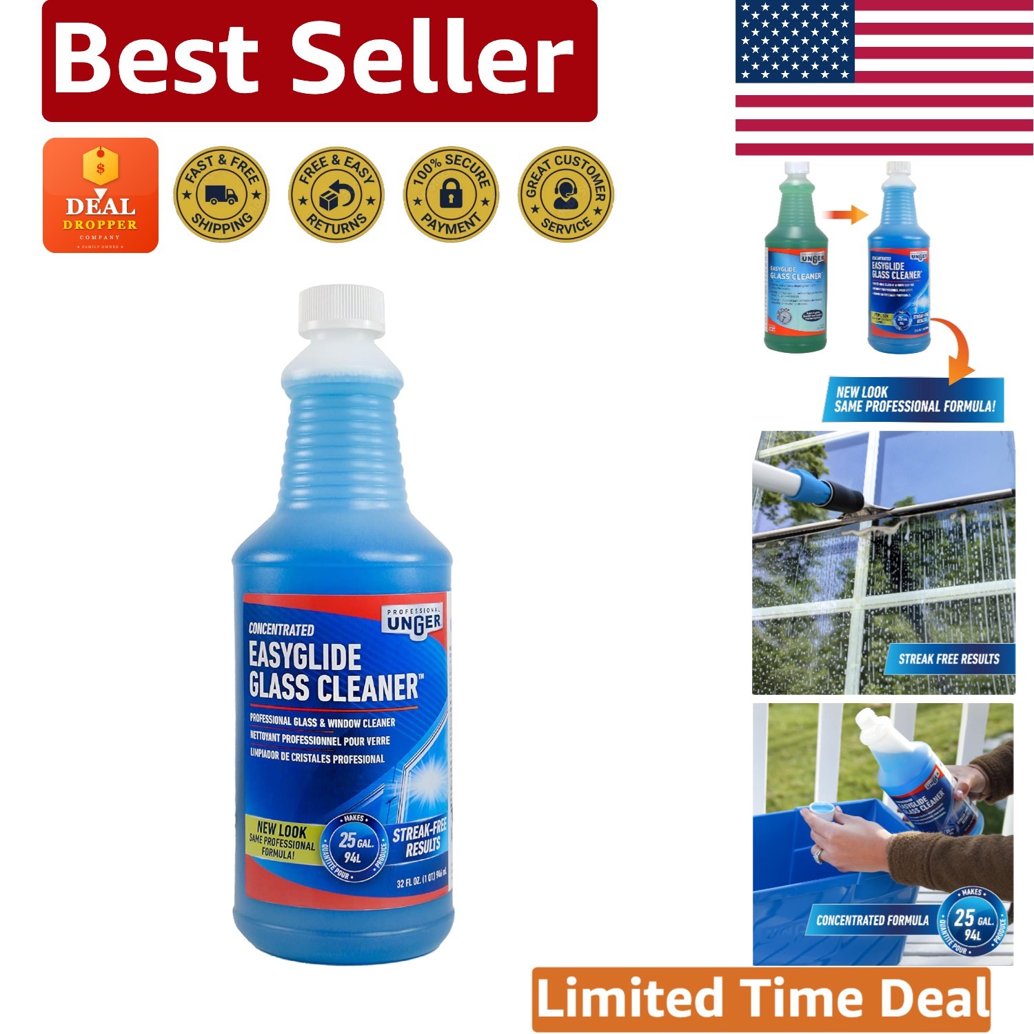 Eco-Friendly Streak-Free Glass Cleaner Concentrate, 32 oz – Safe for All Glass