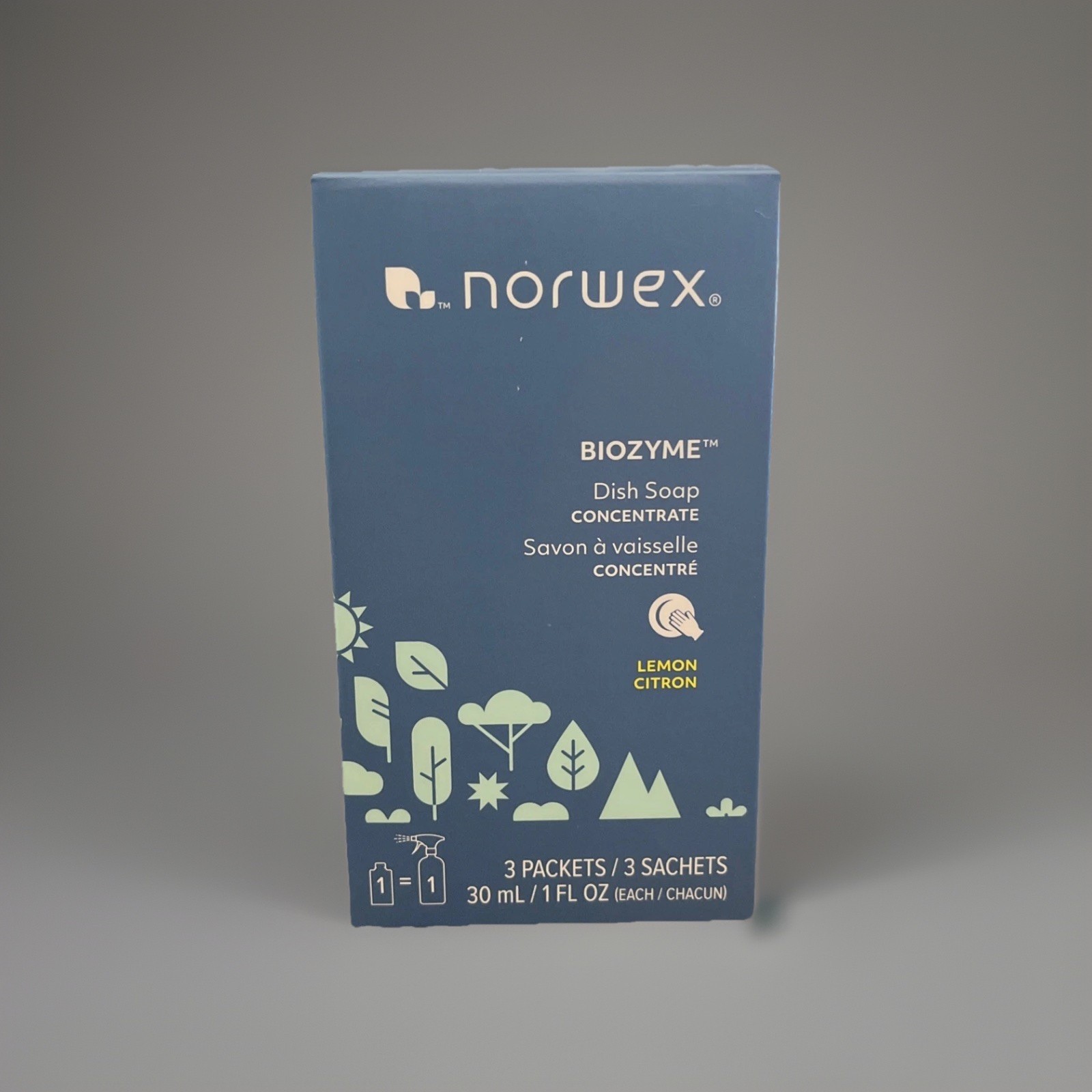 NEW Norwex BioZyme Dish Soap Concentrate 3x 1oz Packets 48oz diluted Lemon Scent