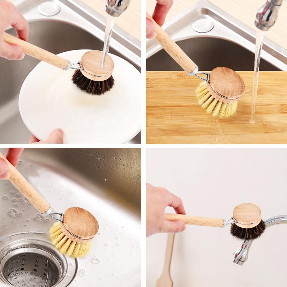 Bamboo Dish Brush Set, 1 Wooden Handle with 3 Natural Bristle Heads All Purpose