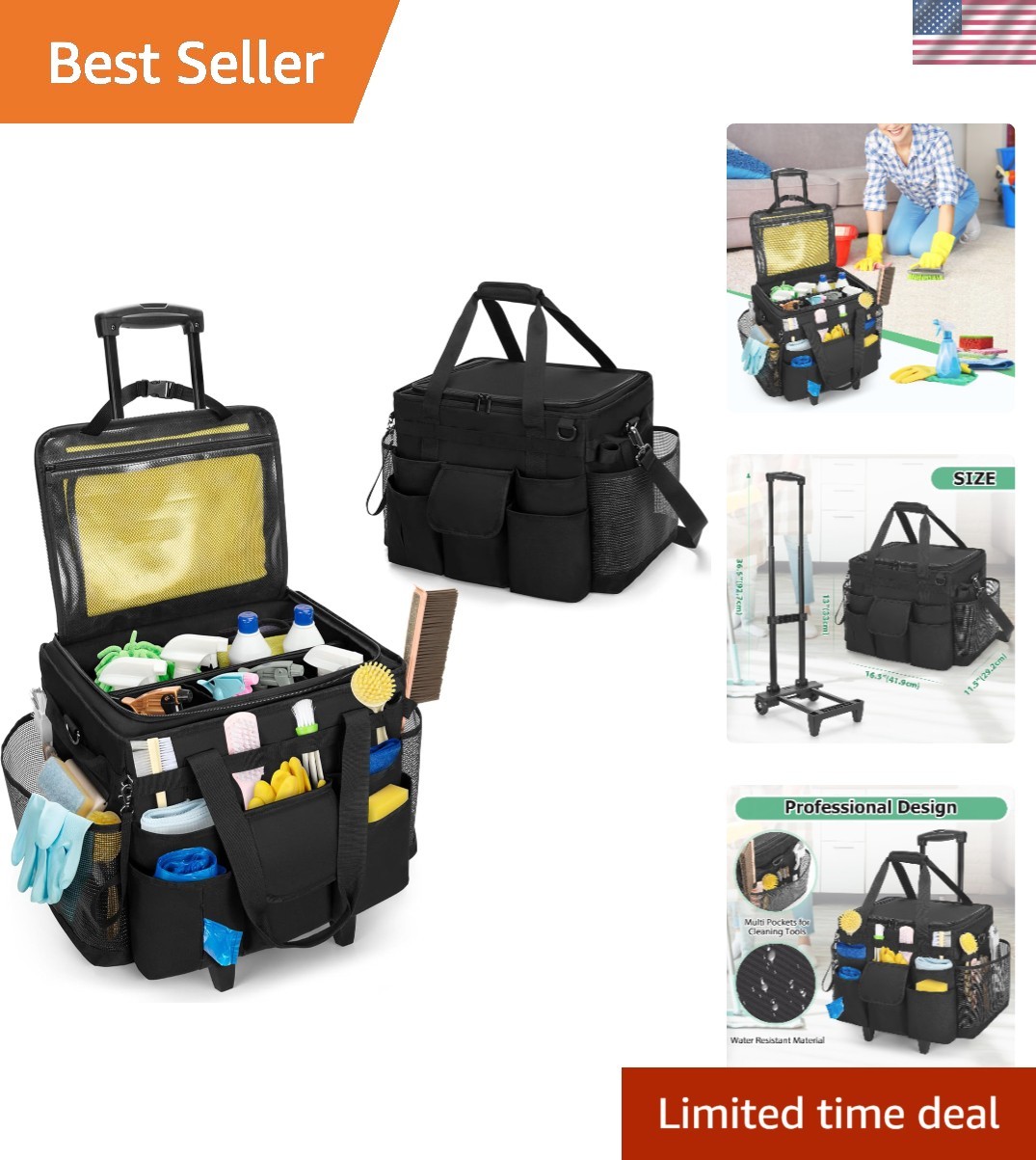 Portable Cleaning Supplies Organizer: Black Rolling Caddy with Adjustable Height