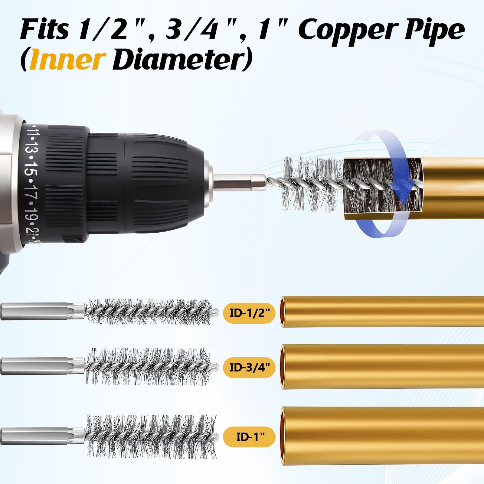 3 Pcs Copper Pipe Cleaner with 1/4 Inch Hex Shank, 1/2″ 3/4″ 1″ Wire Bore Brush