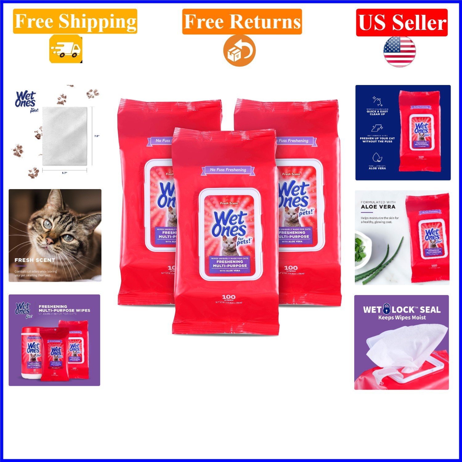 for Pets Cat Freshening Wipes 100ct, 3-Pack, Aloe Vera, Fresh Scent