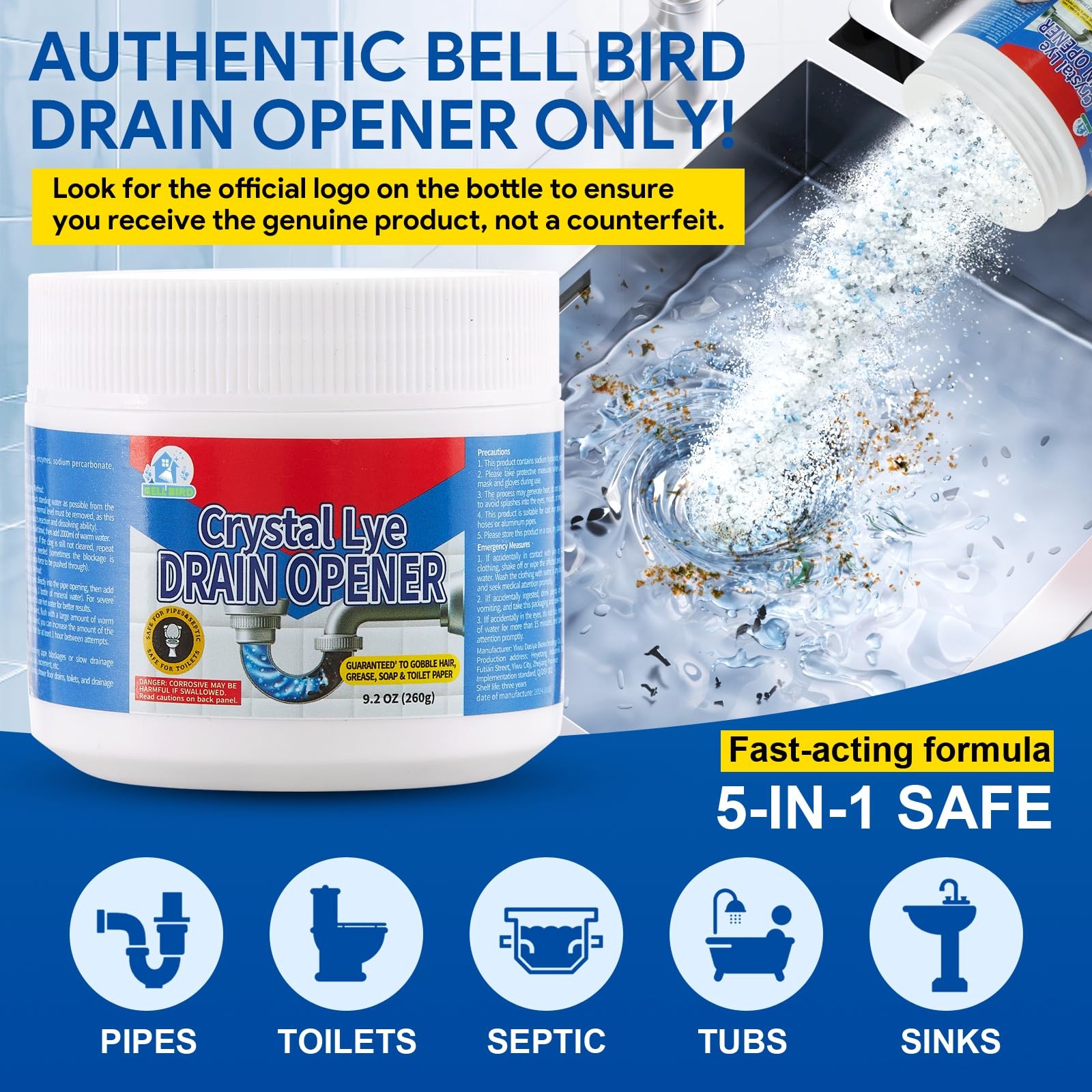 BELL BIRD Drain Opener, 9.2oz Crystal Lye Sodium , Clog for Sinks, Drains, Sh…