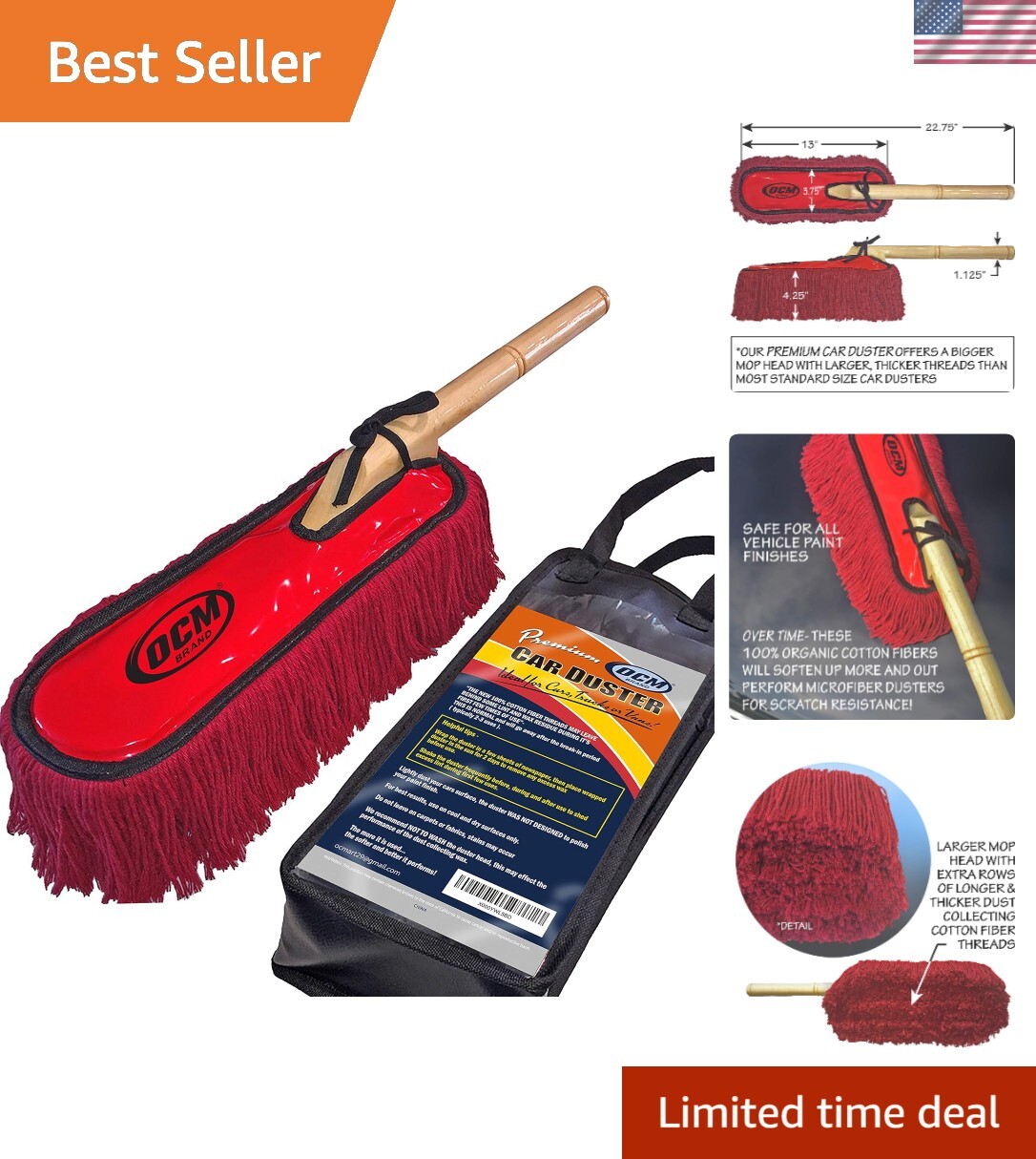 Premium Extra Large Car Duster with Durable Solid Wood Handle Includes Storag…