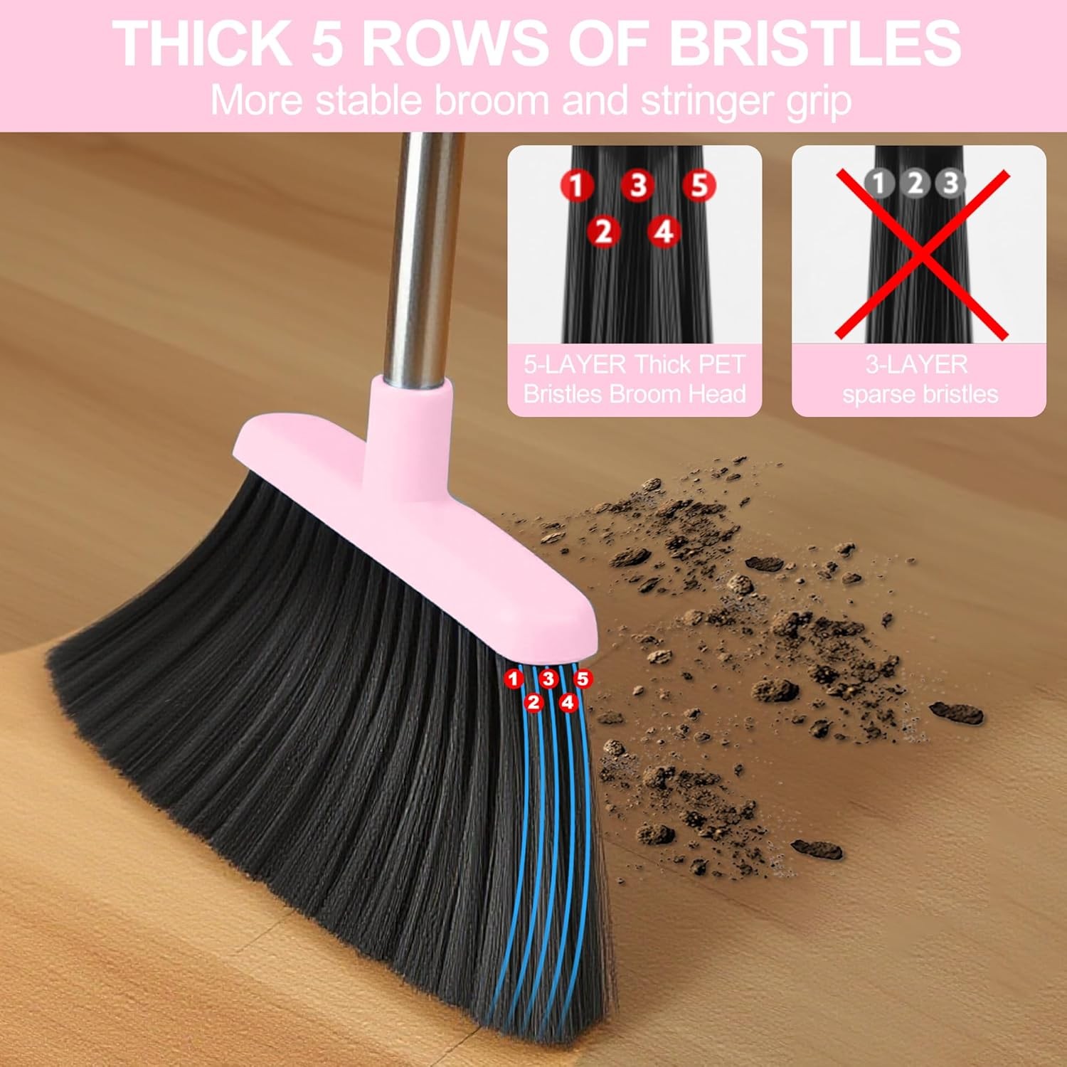 Pink Broom and Dustpan Set, 52-in Handle Broom Dustpan bo Set