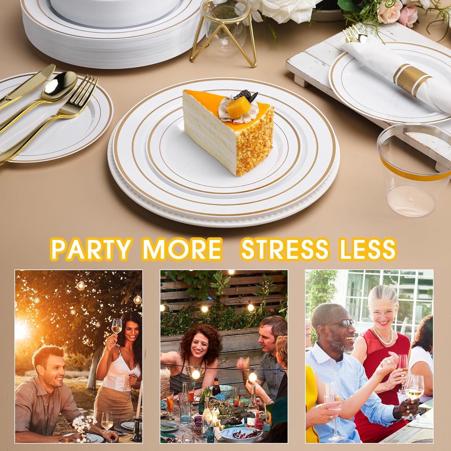 350 PCS White and Gold Plastic Dinnerware Set for 50 Guests, Disposable Party