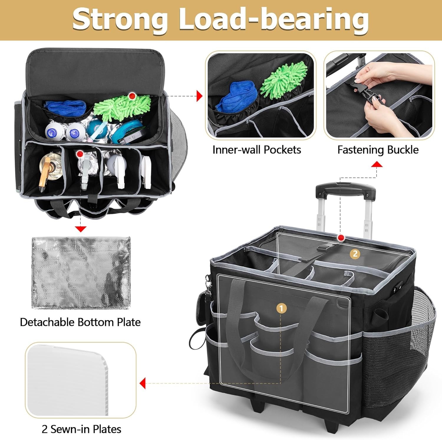 Luxury Cleaning Caddy with Detachable Trolley & Shoulder Strap – 16×11.8×13 inch