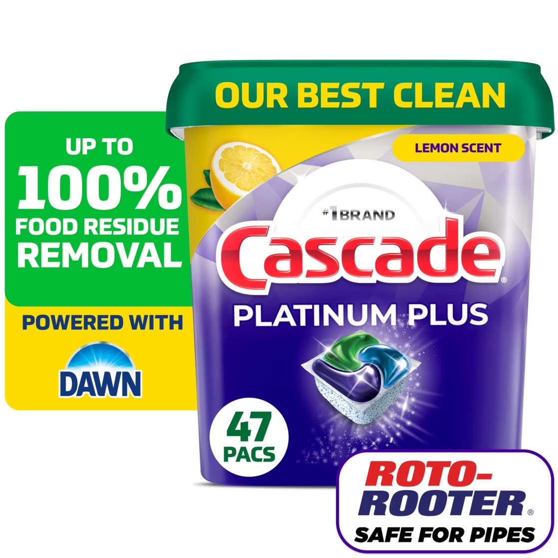 1-2 Pack Cascade Platinum Plus Dishwasher Pods Detergent Soap Tabs Lemon 47 Ct