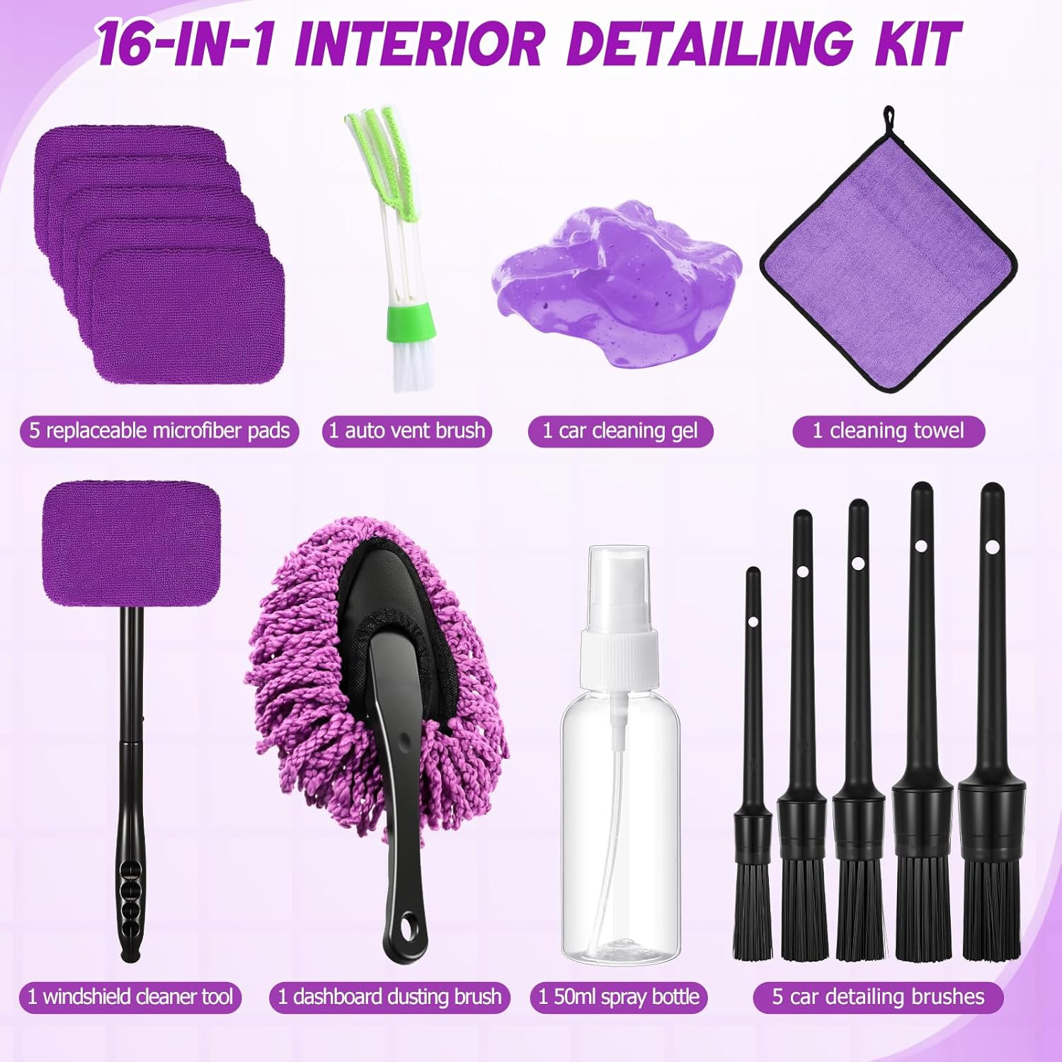 16 Pcs Windshield Cleaner Tool, Car Cleaning Kit with Various Detailing Brushes