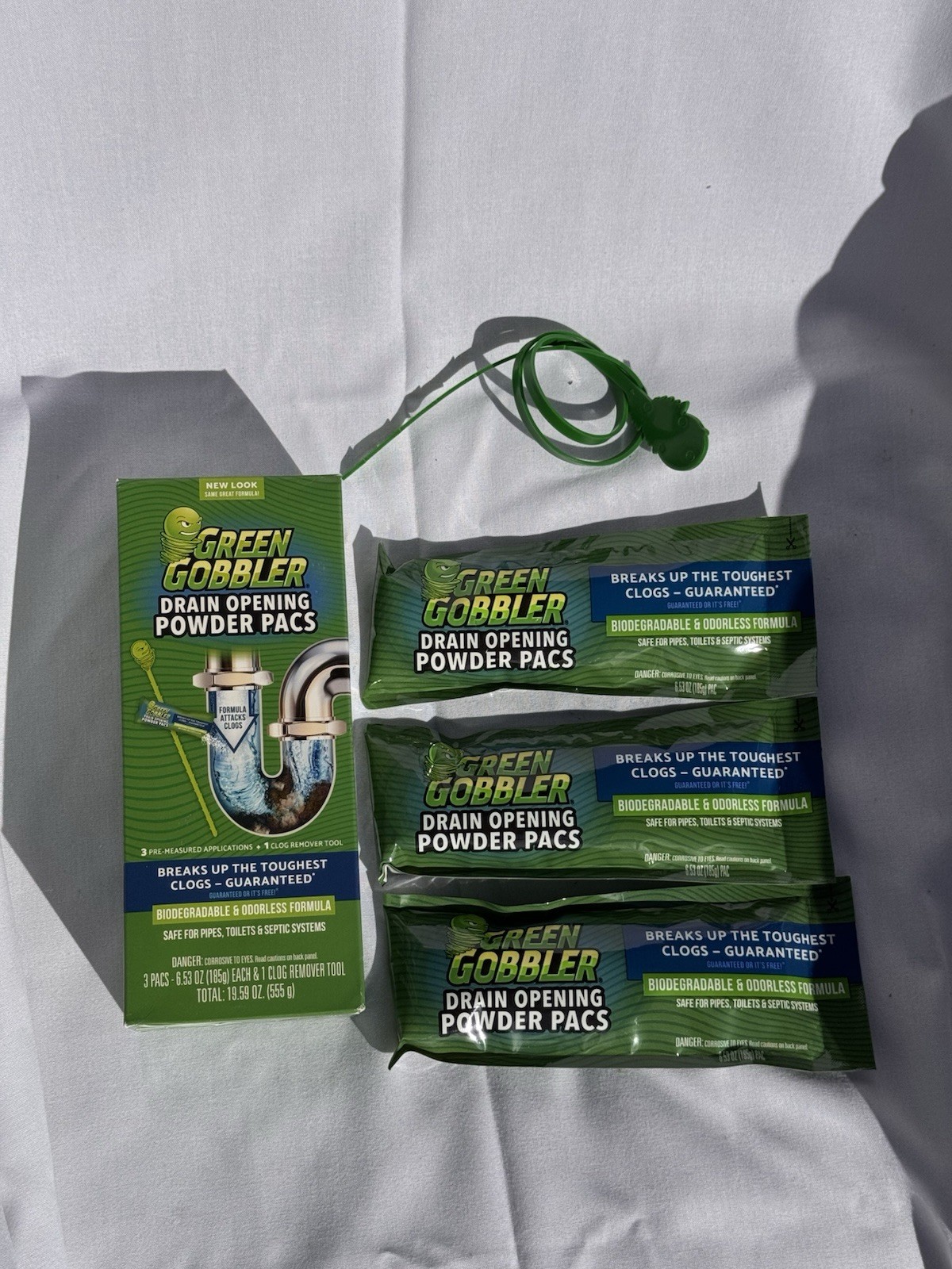 Green Gobbler Drain Clog Remover Powder 3 Packs & 3 Snakes Lime Scented Cleaner