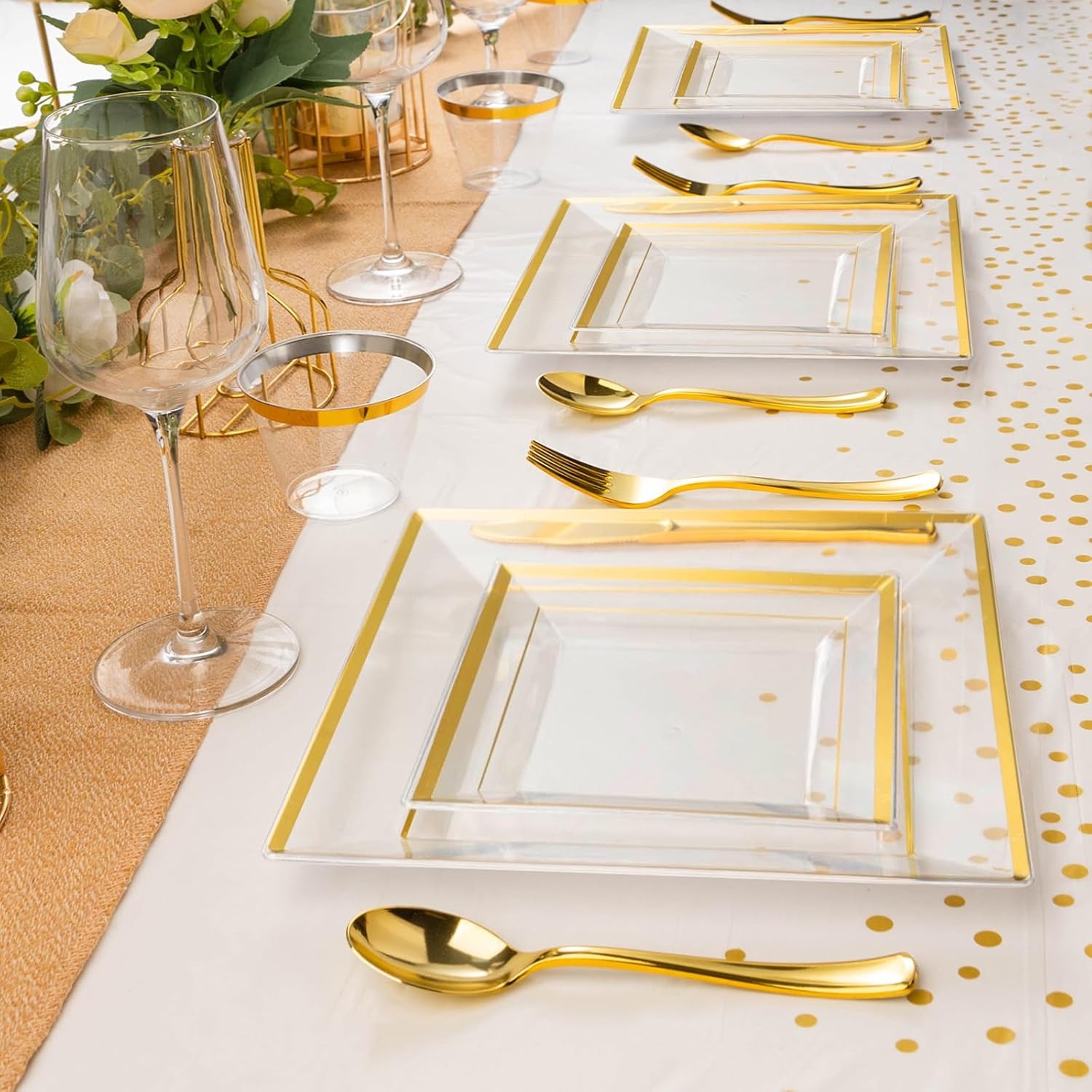 Goodluck 352 Pieces Clear Gold Dinnerware Set for 50 Guests, Clear Square Plas