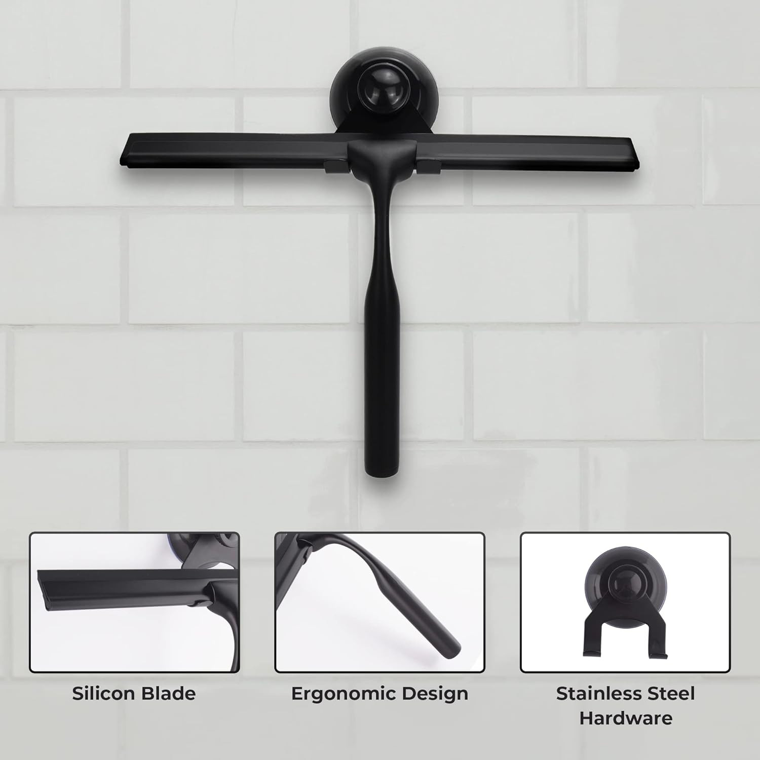 Matte Black Shower Squeegee for Glass Doors with Adhesive Hooks, Squeegee for Sh