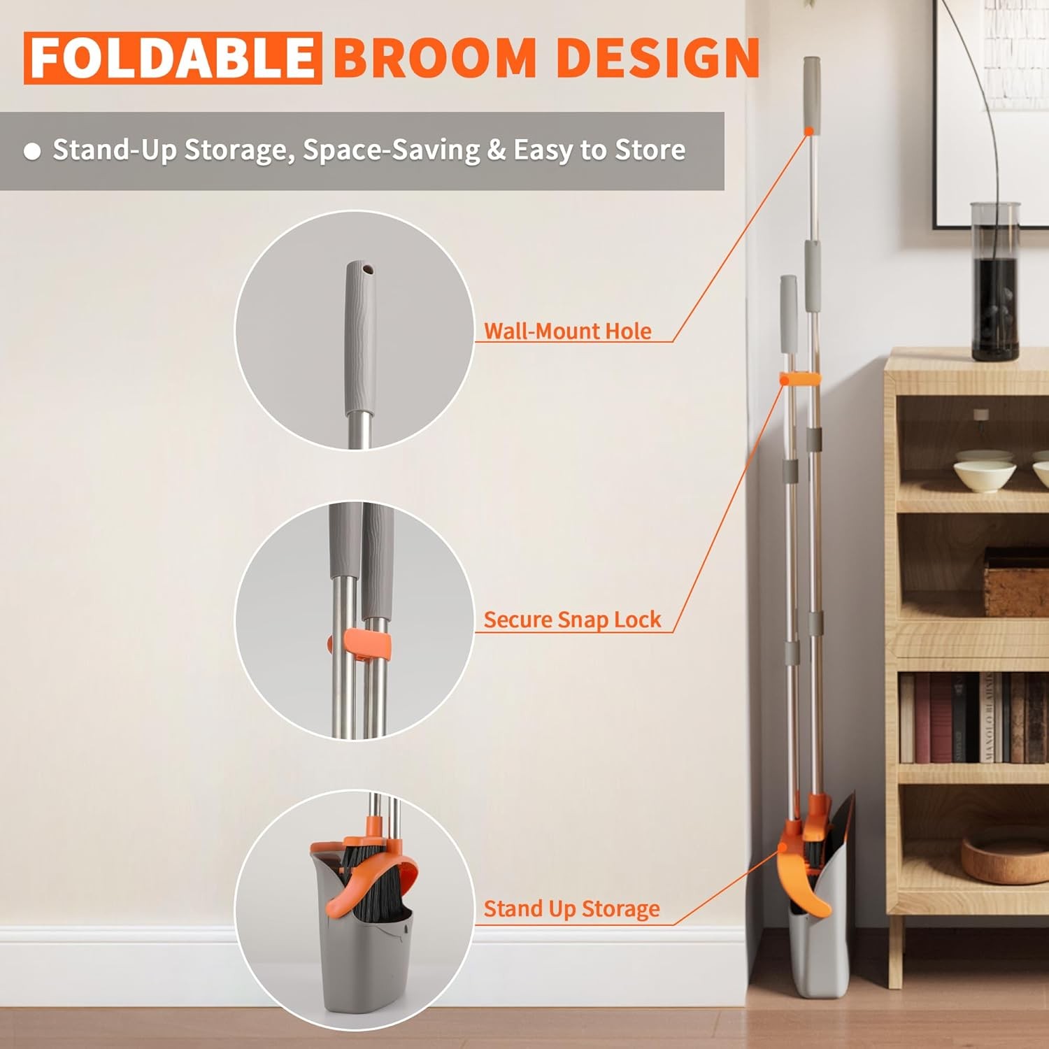 Upgraded Broom and Dustpan Set, Long Handle Standing bo with