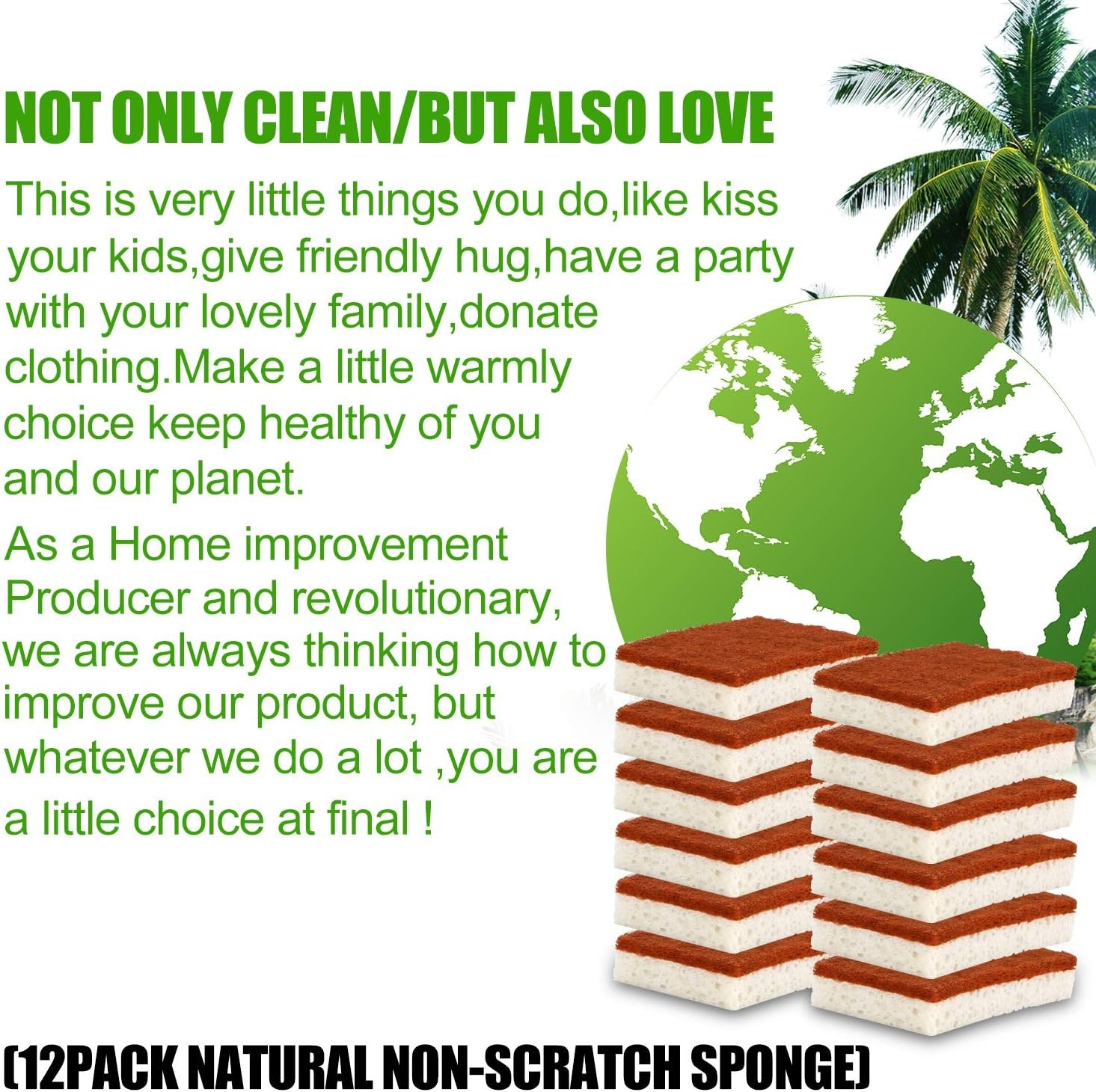 Natural Plant Based Scrub Sponge 12 Pack, Palm Fiber Scrubbing Sponge with Non