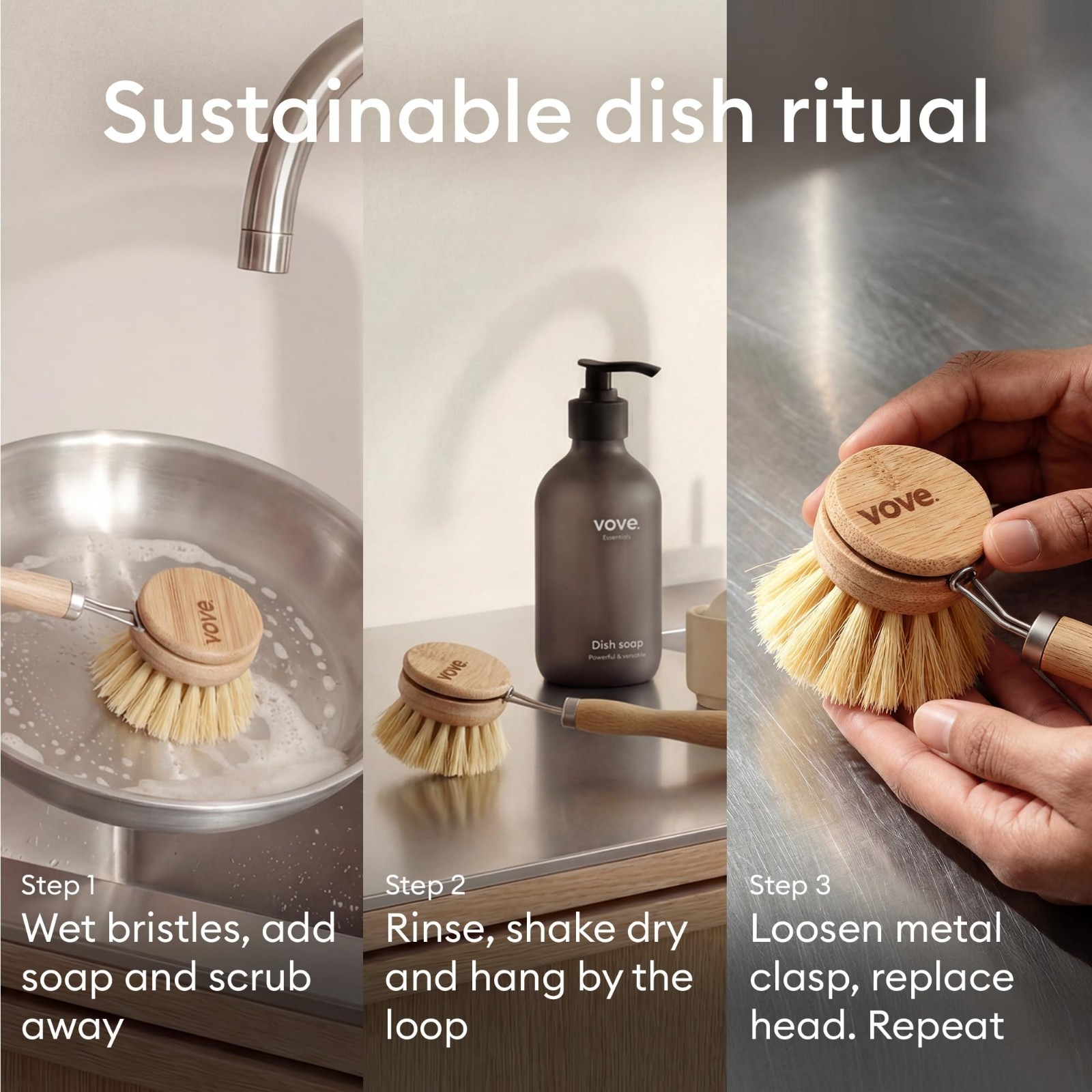 Eco-Friendly Bamboo Dish Brush Set – 3 Replaceable Heads, Plastic-Free Kitchen S