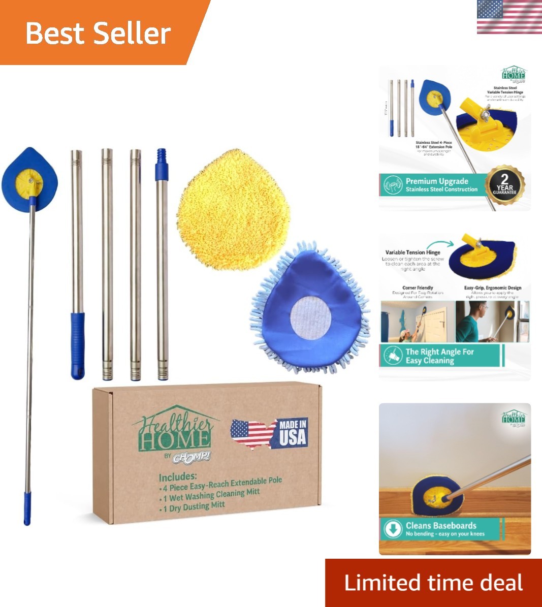 CHOMP Long Handle Wall Cleaner, 5 Minute CleanWalls Extendable Wall Washer, C…