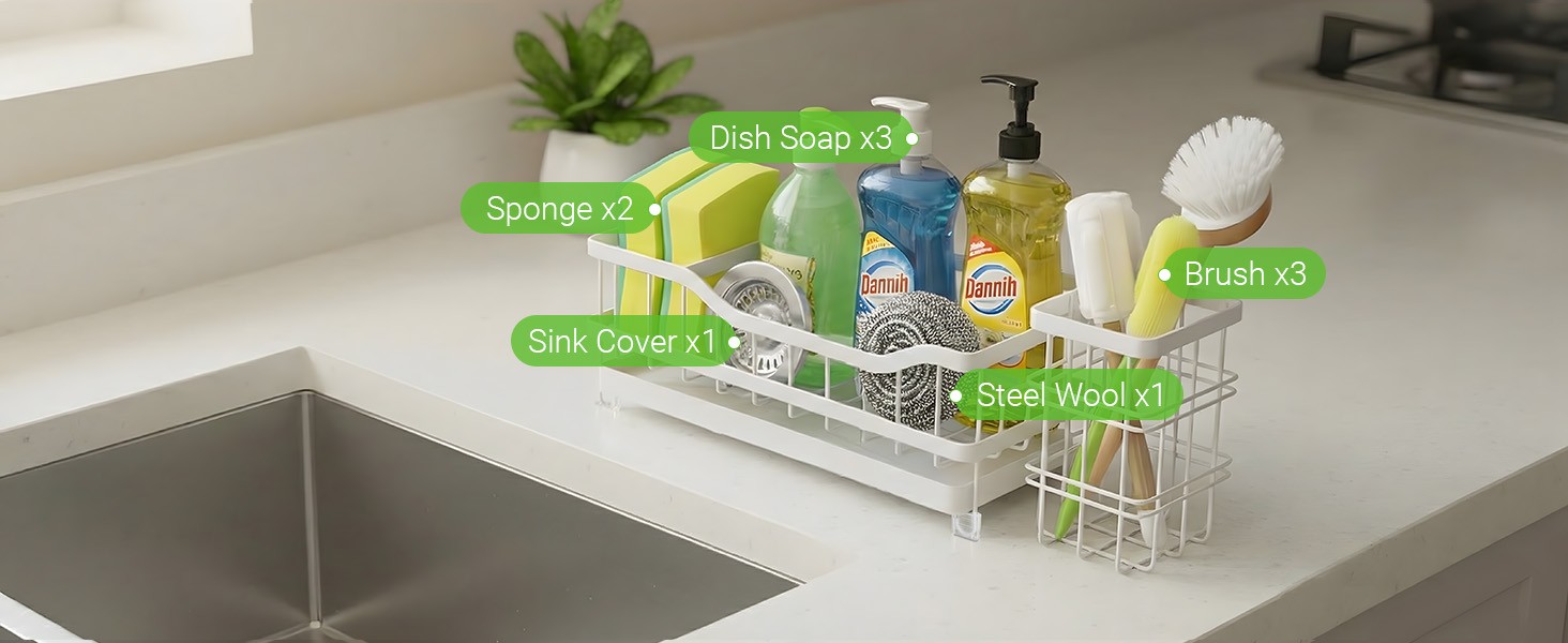 Sponge Holder for Kitchen Sink, Rustproof Sink Caddy Organizer with Dish Brush