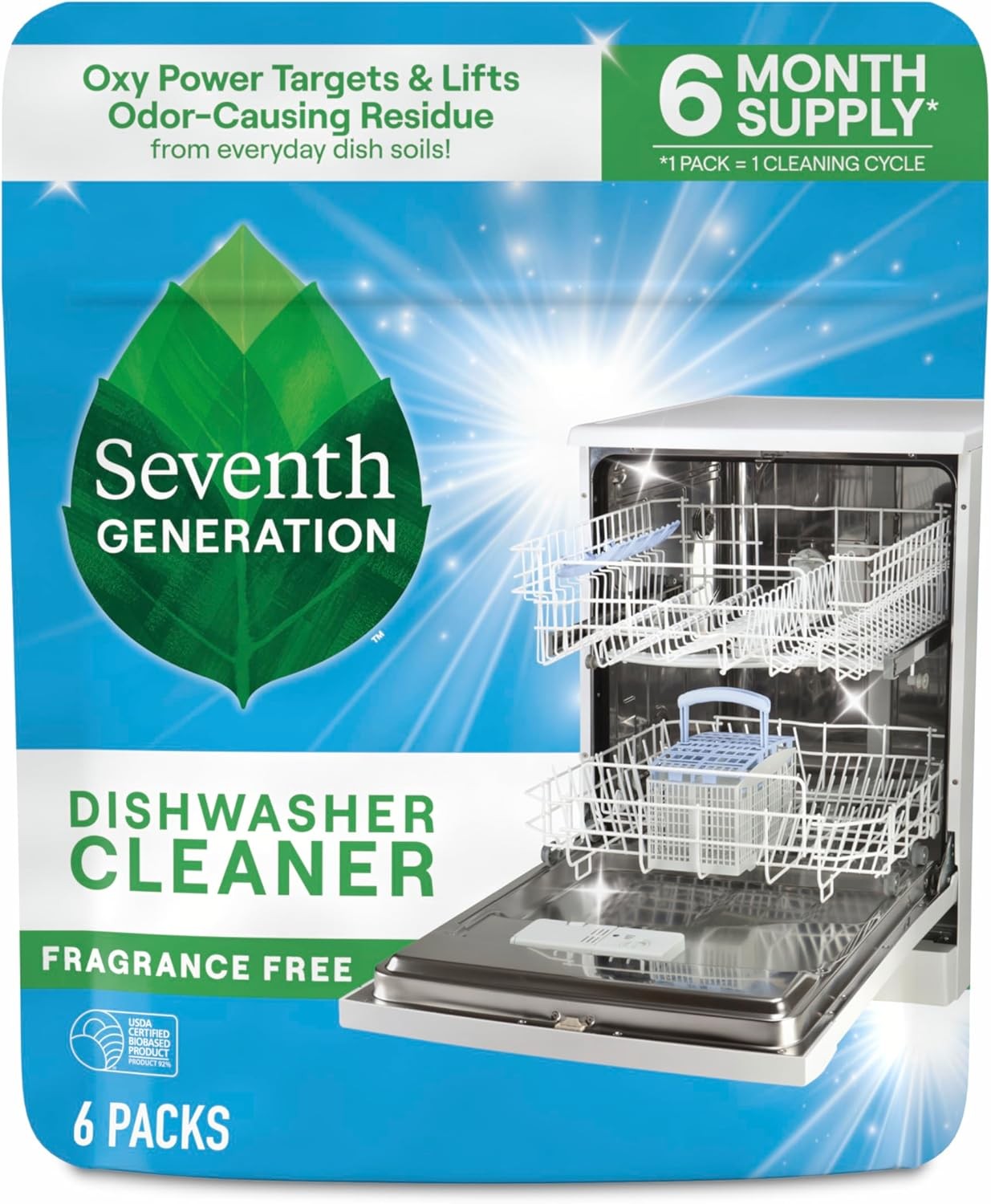 Seventh Generation Dishwasher Cleaning Packs 6 Count Free & Clear Removes odor-c
