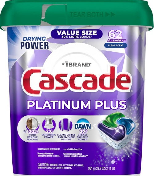 Cascade Platinum Plus Dishwasher Pods Clean Scent 62 Count Bulk Tub Detergent